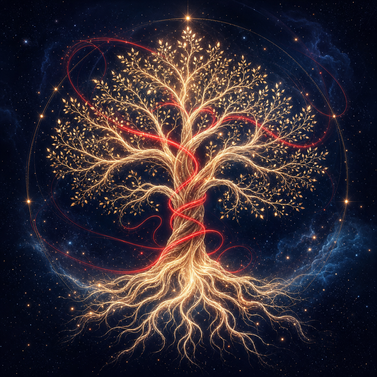 Icona eterea di un albero della vita con radici luminose oro champagne su sfondo blu cosmico profondo. Sottili filamenti rossi avvolgono il tronco. Effetto outer glow.