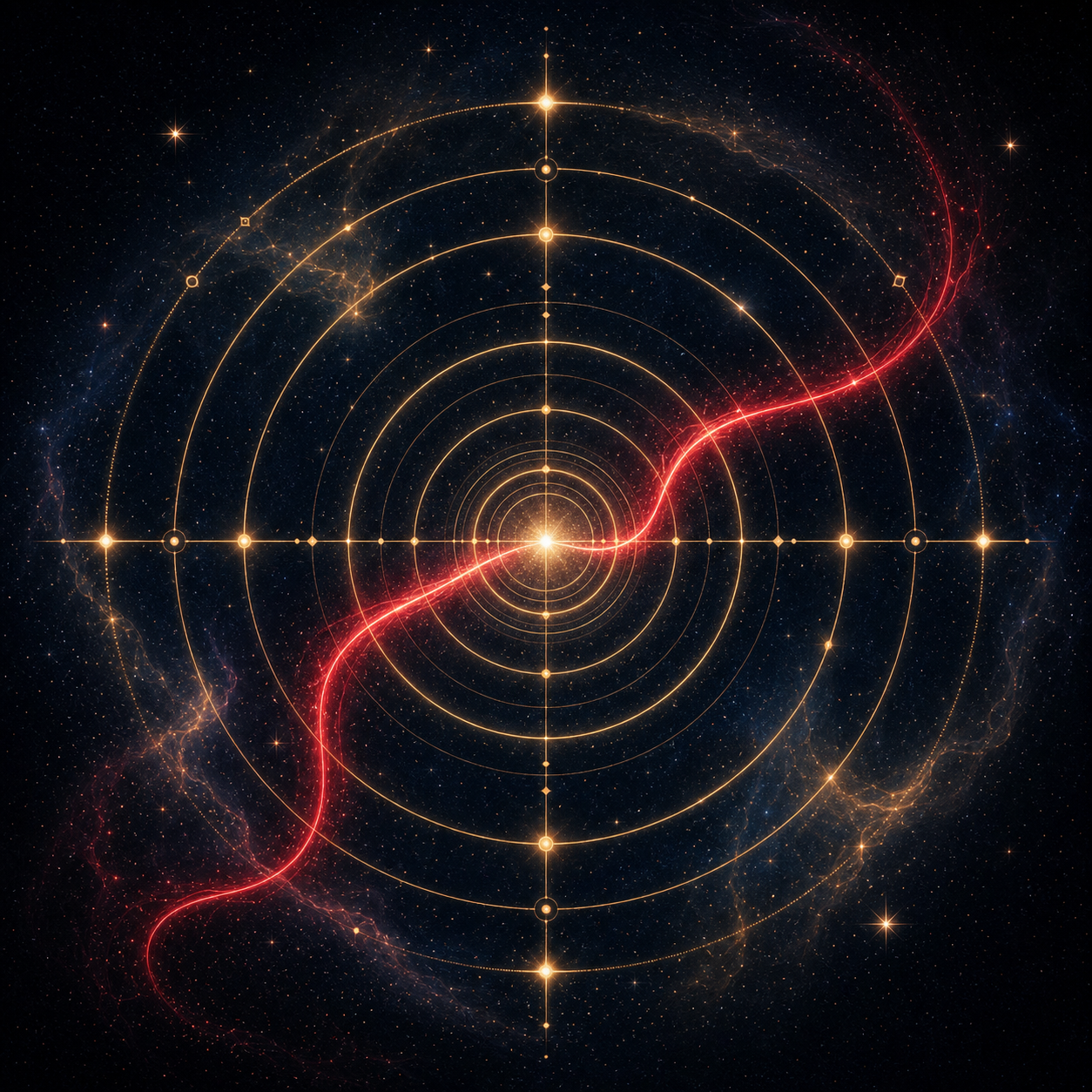 Icona minimalista di onde concentriche dorate che si espandono nell'oscurità dello spazio stellare, attraversate da una singola scintilla rossa fluorescente. Stile mistico.