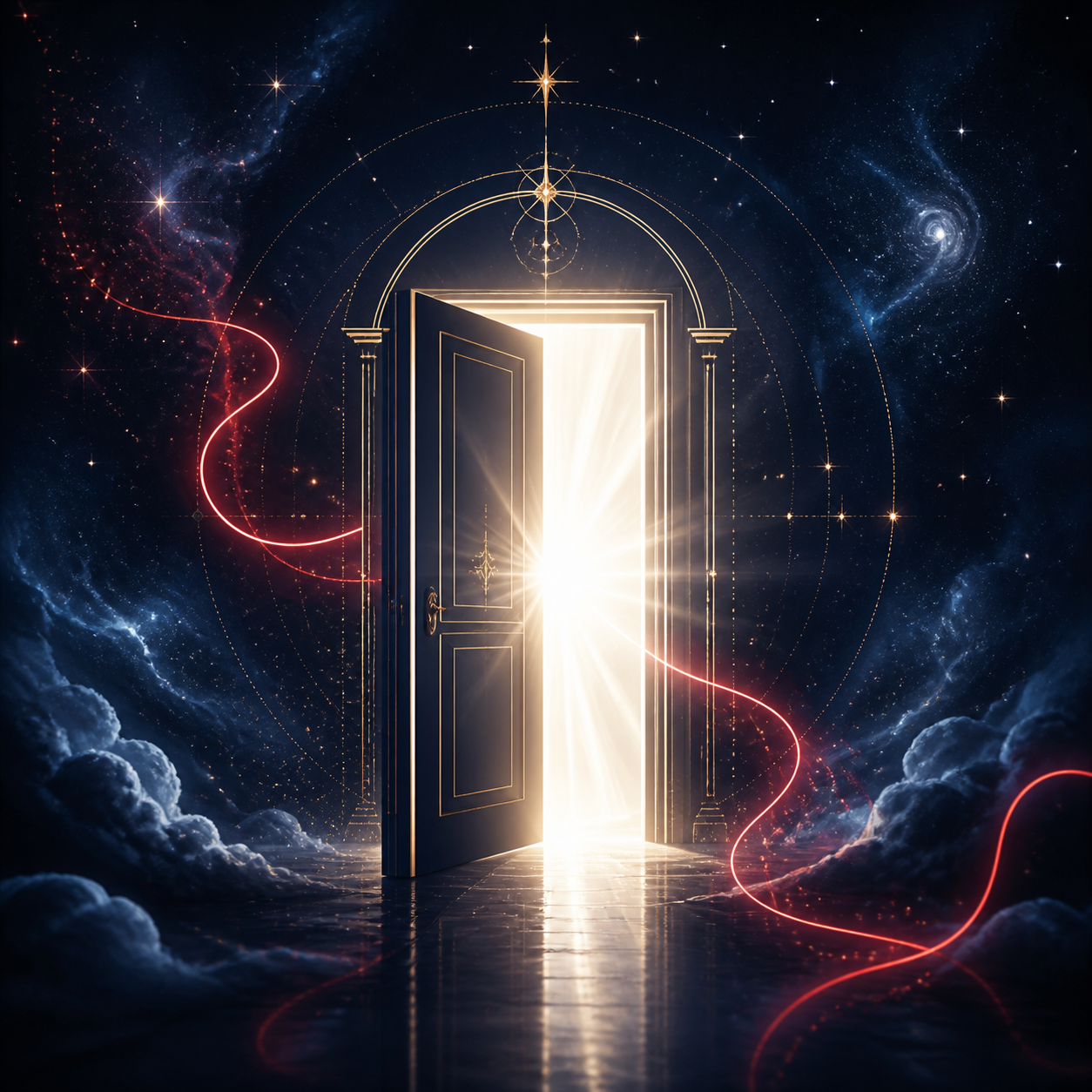 Icona di una porta socchiusa da cui fuoriesce una luce bianco stellare abbagliante, circondata da un cielo notturno con sfumature blu notte. Design elegante e lineare.
