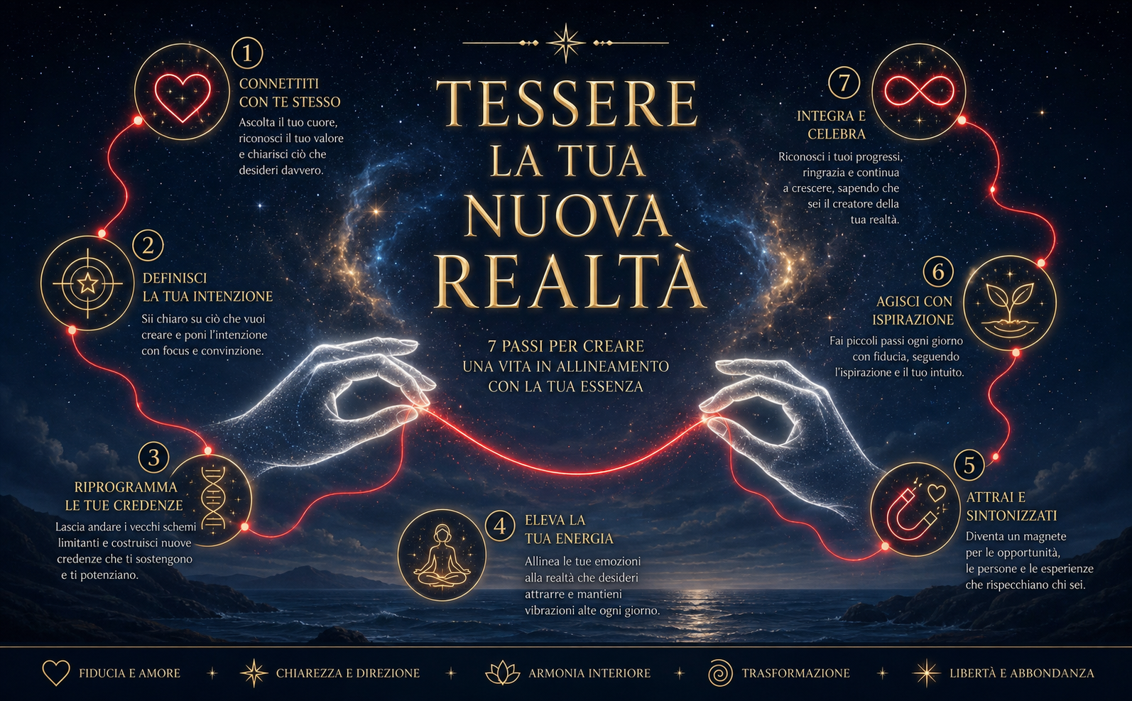 Sfondo di un orizzonte marittimo notturno, illuminato da una nebulosa cosmica blu e oro. In primo piano, due mani eteree formate da luce bianca stellare che tengono dolcemente un filo rosso fluorescente teso e luminoso. Atmosfera di potere interiore calmo e romanticismo spirituale. Testo centrale in grande stile serif oro champagne: "TESSERE LA TUA NUOVA REALTÀ". Nessun libro, solo pura emozione visiva e mistica.