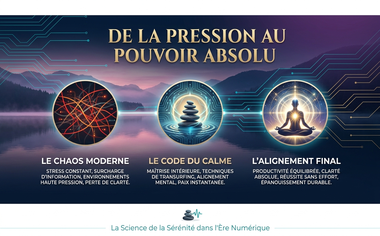 Paysage majestueux au crépuscule (lac paisible reflétant des montagnes) fusionné avec de subtiles lignes géométriques de circuits imprimés en cyan électrique (#009393). Au centre, un cairn (pierres empilées) illuminé par une douce aura or champagne (#C5A059). Le texte majestueux en majuscules dorées (police serif) affiche "DE LA PRESSION AU POUVOIR ABSOLU". Atmosphère stoïque, nocturne (#0A1931) et haut de gamme. Aucun livre n'est visible.