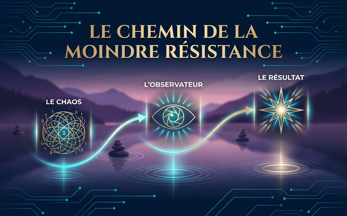 Infographie de style "Zen Digital" sur fond bleu nuit profond (#0A1931). Une ligne de progression temporelle lumineuse en cyan électrique (#009393) traverse l'image, reliant trois icônes minimalistes avec un effet néon adouci : 1. Une sphère chaotique (étiquetée "LE CHAOS"), 2. Un œil observateur (étiqueté "L'OBSERVATEUR"), 3. Une étoile brillante (étiquetée "LE RÉSULTAT"). Éclairage cinématique, ombres douces. Le texte majestueux affiche "LE CHEMIN DE LA MOINDRE RÉSISTANCE". Aucun livre n'est présent.