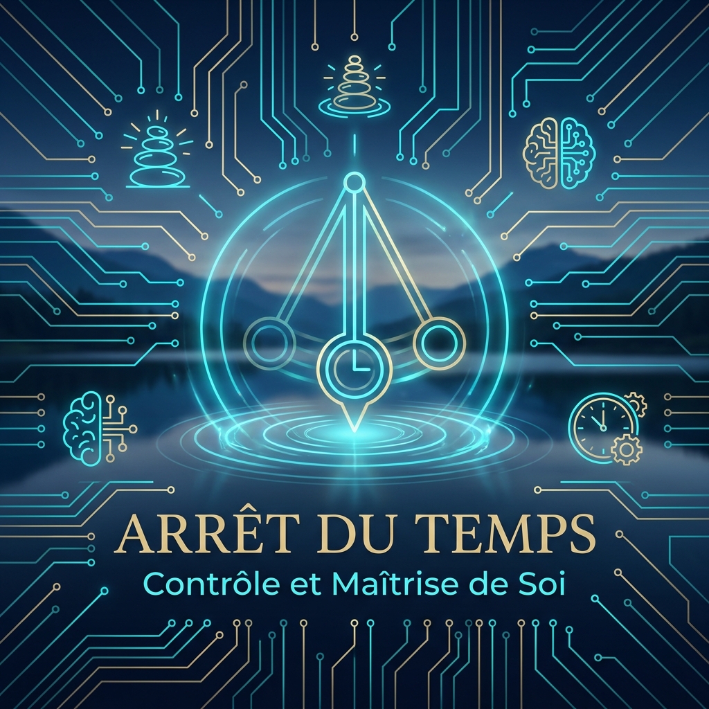 Icône d'un pendule stylisé figé dans le temps, entouré d'ondulations circulaires cyan électrique (#009393), évoquant l'arrêt du temps et le contrôle.
