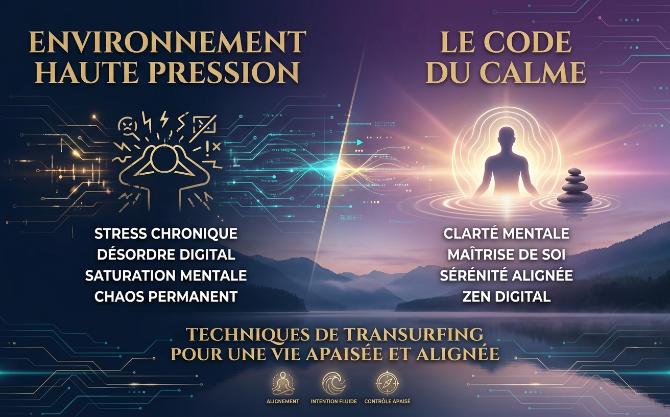 Une scène majestueuse et inspirante : une silhouette de dos, en costume élégant, se tenant au sommet d'une montagne géométrique abstraite, regardant un horizon illuminé par un lever de soleil rose horizon (#A886B5) et or champagne. Des lignes de données cyan (#009393) s'élèvent subtilement dans le ciel. Le texte majestueux affiche "PRENEZ LE CONTRÔLE DÈS À PRÉSENT". Design minimaliste, haut de gamme. Aucun livre n'est visible.