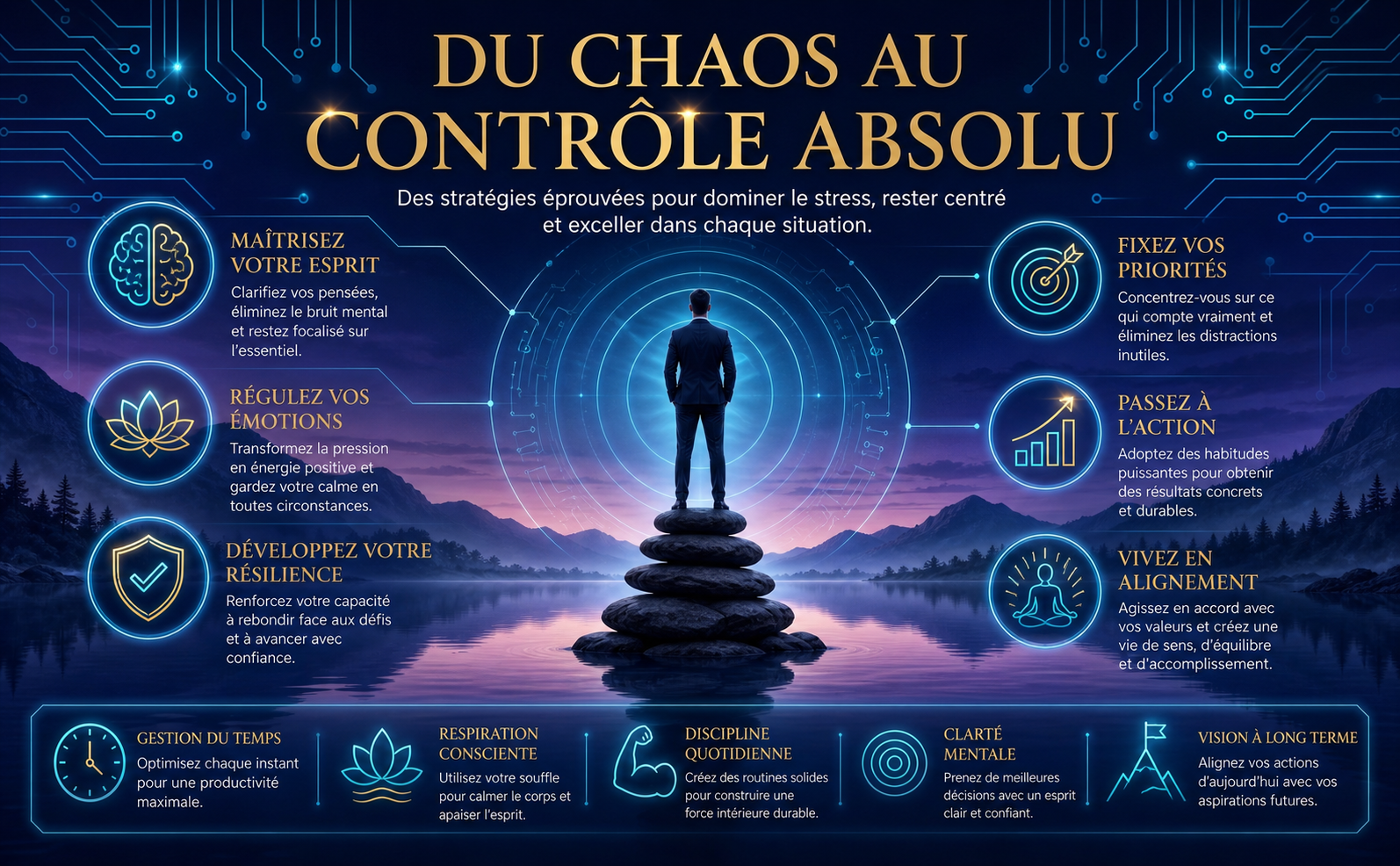 VISUAL STYLE GUIDE - LE CODE DU CALME: Color Palette: Deep Night Blue (#0B1A2D), Imperial Gold (#C5A059), Electric Cyan (#00E5FF), Twilight Purple (#4A1E5E). Aesthetic: "Cyber-Zen" fusion. High-tech digital circuitry patterns merging with serene nature landscapes (tranquil lakes, misty mountains). Lighting: Cinematic dusk lighting, neon glow accents on thin lines, soft horizon glow. Subject Style: Professional figures in calm, meditative poses amidst high-pressure environments. Icons: Minimalist glowing line art, holographic style. Composition: Symmetrical, balanced, wide-angle, clean negative space for text overlays. Typography Context: Elegant Gold Serif titles vs. Clean White Sans-serif body text. Mood: Sovereign serenity, absolute control under pressure, transcendental peace. No-Go: No red/orange colors, no clutter, no aggressive movements, no low-quality 3D renders. SCÈNE SPÉCIFIQUE : Paysage zen avec un lac miroir et des montagnes brumeuses en bas, fusionnant avec des motifs de circuits intégrés cyan électrique dans le ciel nocturne. Au centre, une silhouette sereine en costume professionnel, debout sur un cairn de pierres empilées, irradiant de fines ondes de choc circulaires cyan. Typographie: Titre majuscule Serif doré élégant "DU CHAOS AU CONTRÔLE ABSOLU". Aucun livre, aucune couverture, aucun objet physique représentant le produit.
