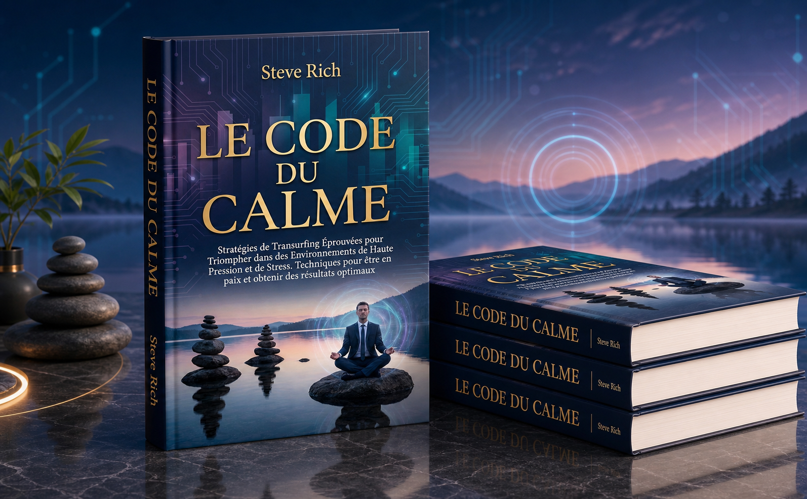 VISUAL STYLE GUIDE - LE CODE DU CALME: Color Palette: Deep Night Blue (#0B1A2D), Imperial Gold (#C5A059), Electric Cyan (#00E5FF), Twilight Purple (#4A1E5E). Aesthetic: "Cyber-Zen" fusion. High-tech digital circuitry patterns merging with serene nature landscapes (tranquil lakes, misty mountains). Lighting: Cinematic dusk lighting, neon glow accents on thin lines, soft horizon glow. Subject Style: Professional figures in calm, meditative poses amidst high-pressure environments. Icons: Minimalist glowing line art, holographic style. Composition: Symmetrical, balanced, wide-angle, clean negative space for text overlays. Typography Context: Elegant Gold Serif titles vs. Clean White Sans-serif body text. Mood: Sovereign serenity, absolute control under pressure, transcendental peace. No-Go: No red/orange colors, no clutter, no aggressive movements, no low-quality 3D renders. SCÈNE SPÉCIFIQUE : Infographie de type "feuille de route" montrant l'ascension vers la maîtrise professionnelle. Un chemin lumineux cyan électrique serpente à travers une vallée sombre vers un sommet doré. Le long du chemin, trois icônes holographiques en "Line Art": 1) Un bouclier géométrique, 2) Un œil minimaliste, 3) Une étoile brillante. Textes en français, typographie blanche sans-serif claire: "Protection", "Détachement", "Triomphe". Titre principal en Serif doré: "VOTRE ASCENSION VERS LE SOMMET". Absolument aucun livre ni mockup.