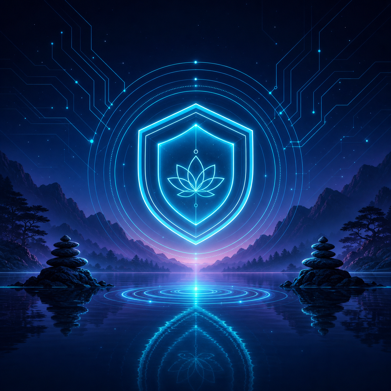 VISUAL STYLE GUIDE - LE CODE DU CALME: Color Palette: Deep Night Blue (#0B1A2D), Imperial Gold (#C5A059), Electric Cyan (#00E5FF), Twilight Purple (#4A1E5E). Aesthetic: "Cyber-Zen" fusion. Icône holographique cyan d'un bouclier hexagonal entouré d'ondes circulaires, flottant au-dessus d'un lac paisible. Style Line Art minimaliste sur fond bleu nuit profond. Aucun livre.