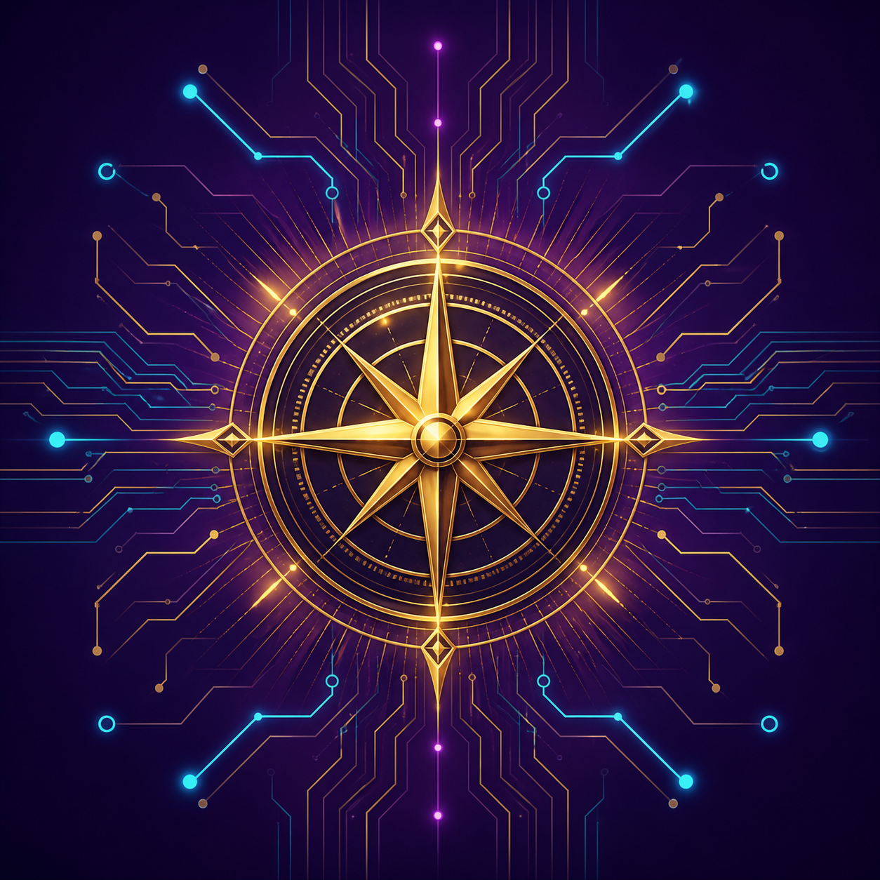 VISUAL STYLE GUIDE - LE CODE DU CALME: Color Palette: Deep Night Blue (#0B1A2D), Imperial Gold (#C5A059), Electric Cyan (#00E5FF), Twilight Purple (#4A1E5E). Aesthetic: "Cyber-Zen" fusion. Icône d'une boussole stellaire dorée émettant de fins rayons de lumière, intégrée dans un réseau de circuits imprimés subtils. Style minimaliste sur fond violet crépuscule. Aucun livre.