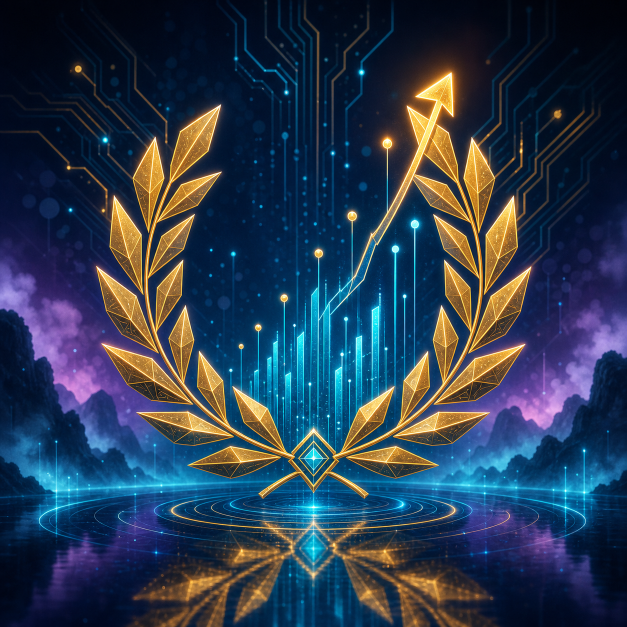 VISUAL STYLE GUIDE - LE CODE DU CALME: Color Palette: Deep Night Blue (#0B1A2D), Imperial Gold (#C5A059), Electric Cyan (#00E5FF), Twilight Purple (#4A1E5E). Aesthetic: "Cyber-Zen" fusion. Icône d'une couronne de laurier géométrique fusionnée avec des données numériques ascendantes, brillant d'un éclat cyan et or. Fond abstrait de brume technologique. Aucun livre.