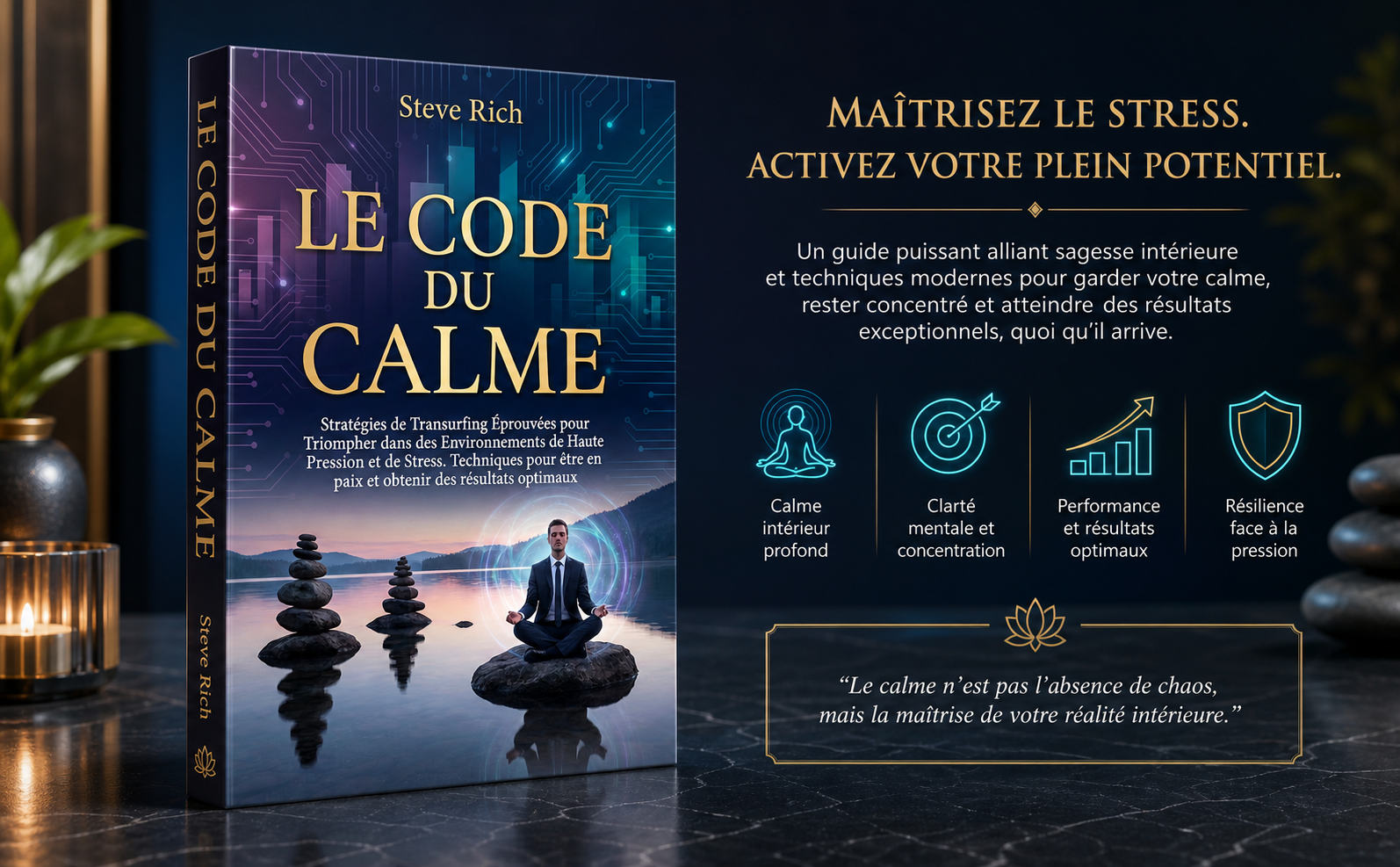 VISUAL STYLE GUIDE - LE CODE DU CALME: Color Palette: Deep Night Blue (#0B1A2D), Imperial Gold (#C5A059), Electric Cyan (#00E5FF), Twilight Purple (#4A1E5E). Aesthetic: "Cyber-Zen" fusion. High-tech digital circuitry patterns merging with serene nature landscapes (tranquil lakes, misty mountains). Lighting: Cinematic dusk lighting, neon glow accents on thin lines, soft horizon glow. Subject Style: Professional figures in calm, meditative poses amidst high-pressure environments. Icons: Minimalist glowing line art, holographic style. Composition: Symmetrical, balanced, wide-angle, clean negative space for text overlays. Typography Context: Elegant Gold Serif titles vs. Clean White Sans-serif body text. Mood: Sovereign serenity, absolute control under pressure, transcendental peace. No-Go: No red/orange colors, no clutter, no aggressive movements, no low-quality 3D renders. SCÈNE SPÉCIFIQUE : Image aspirationnelle montrant une porte ouverte lumineuse aux contours cybernétiques cyan et or, donnant sur un horizon infini et serein. Une silhouette confiante marche vers cette lumière. Titre majestueux en Serif doré: "PRENEZ L'AVANTAGE DÈS CET INSTANT". Sous-titre en blanc sans-serif: "Dominez votre réalité professionnelle". Strictement aucun livre, ni mockup de couverture.