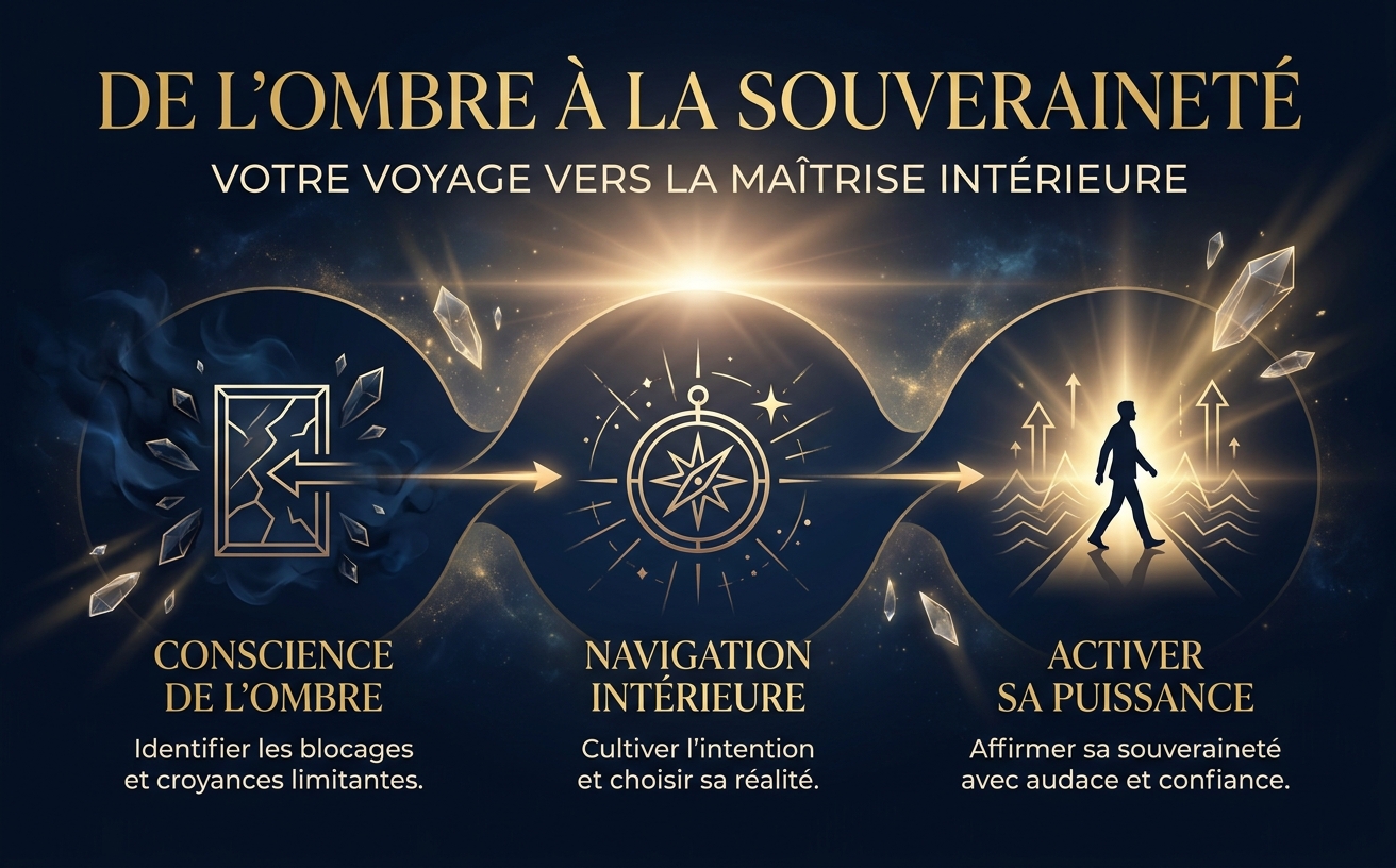 Visual Style Guide Integration: Theme: Cinematic Spiritual Empowerment. Color Palette: Midnight Blue (#0A1428), Champagne Gold (#D4AF37), Pale Cream (#F5E6C8). Lighting: High contrast, ethereal horizon glow, dramatic backlighting. Atmosphere: Serene, powerful, expansive, premium. Background: Deep cosmic navy with subtle star textures and golden light rays. Elements: Sharp geometric gold lines, floating crystalline shards, silhouette of a person walking confidently towards a brilliant light. Typography Style: Elegant Serif for titles, minimalist Sans-serif for body. Prohibitions: No bright neon colors, no cartoons, no cluttered compositions, no casual fonts. Texte principal en français : "DE L'OMBRE À LA SOUVERAINETÉ". Paysage 970x600.