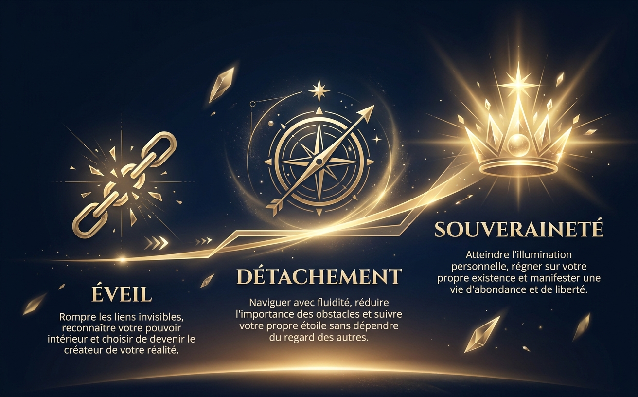 Visual Style Guide Integration: Theme: Cinematic Spiritual Empowerment. Color Palette: Midnight Blue (#0A1428), Champagne Gold (#D4AF37), Pale Cream (#F5E6C8). Lighting: High contrast, ethereal horizon glow. Background: Deep cosmic navy. Elements: Infographie marketing élégante. Une ligne de temps dorée ascendante traversant trois étapes clés : 1. Icône géométrique de chaînes brisées, 2. Icône d'une boussole dorée stylisée, 3. Icône d'une étoile brillante ou couronne de lumière. Textes en français : "ÉVEIL", "DÉTACHEMENT", "SOUVERAINETÉ". Style épuré, typographie Serif majestueuse. Paysage 970x600.