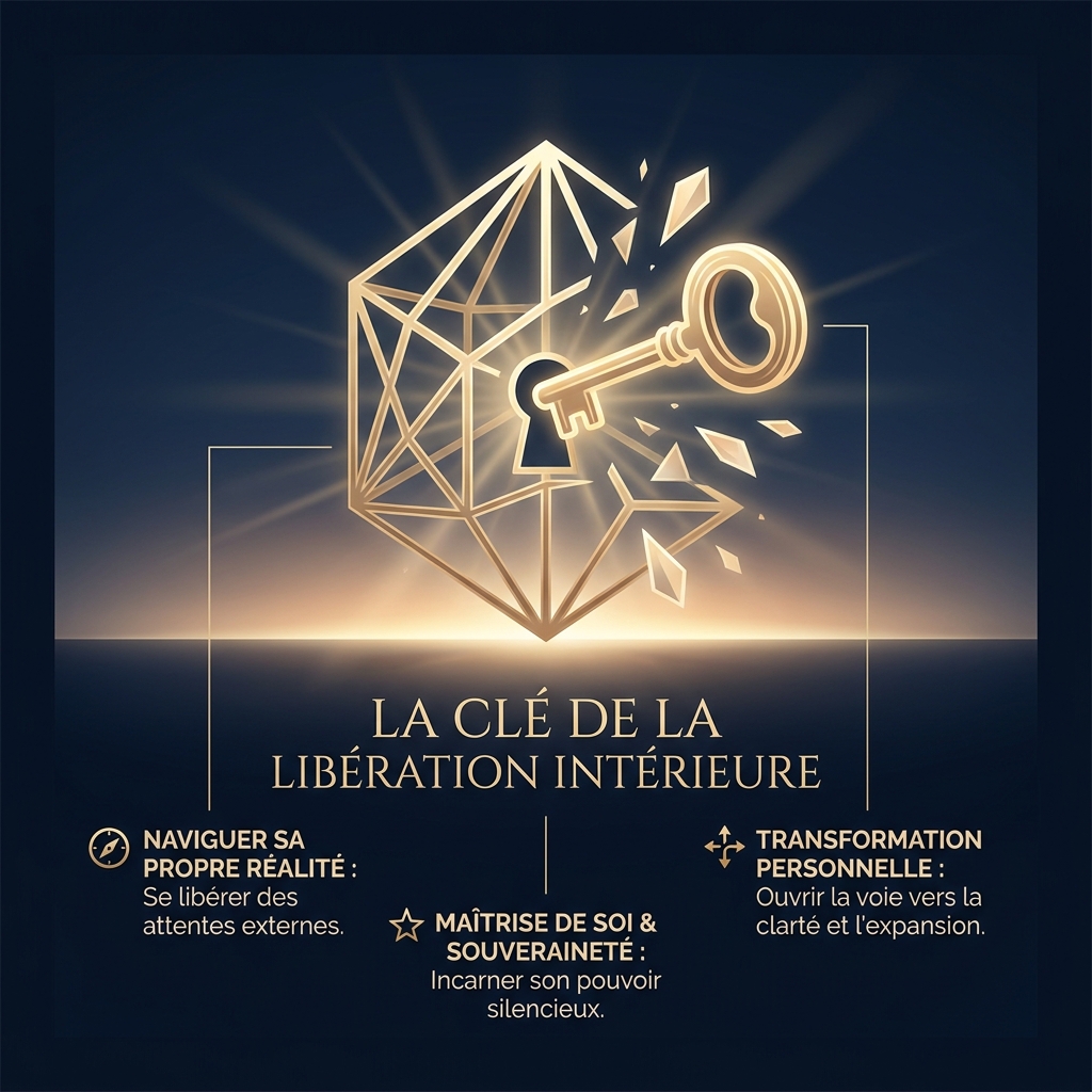 Visual Style Guide Integration: Theme: Cinematic Spiritual Empowerment. Color Palette: Midnight Blue (#0A1428), Champagne Gold (#D4AF37). Icon of a glowing golden key unlocking a sharp geometric cage. Elegant, minimalist, ethereal lighting, high contrast.
