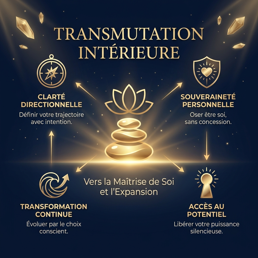 Visual Style Guide Integration: Theme: Cinematic Spiritual Empowerment. Color Palette: Midnight Blue (#0A1428), Champagne Gold (#D4AF37). Icon of a serene golden lotus or a perfectly balanced geometric stone stack emitting a soft glow. Elegant, minimalist.