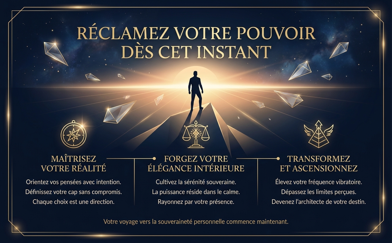 Visual Style Guide Integration: Theme: Cinematic Spiritual Empowerment. Color Palette: Midnight Blue (#0A1428), Champagne Gold (#D4AF37), Pale Cream (#F5E6C8). Lighting: High contrast, ethereal horizon glow, dramatic backlighting. Elements: Silhouette of a person standing confidently on a peak, looking out over a vast, illuminated golden horizon. Floating crystalline shards in the air around them. Text in French: "RÉCLAMEZ VOTRE POUVOIR DÈS CET INSTANT". Serif typography, majestic, urgent and compelling. Paysage 970x600.