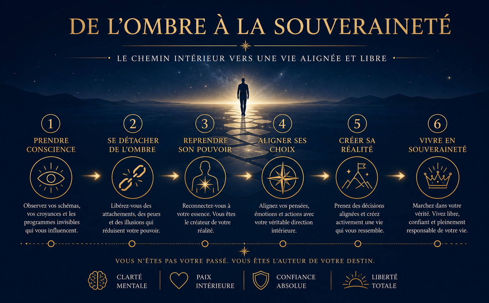 Paysage cinématographique de nuit avec un dégradé bleu sombre profond (Bleu Nuit). Au centre, une silhouette humaine sereine marchant sur un chemin illuminé par des faisceaux de lumière champagne clair. Typographie classique serif dorée métallique affichant le texte : "DE L'OMBRE À LA SOUVERAINETÉ". Style minimaliste, atmosphère apaisante et majestueuse. Aucun objet physique, pure abstraction de la liberté.
