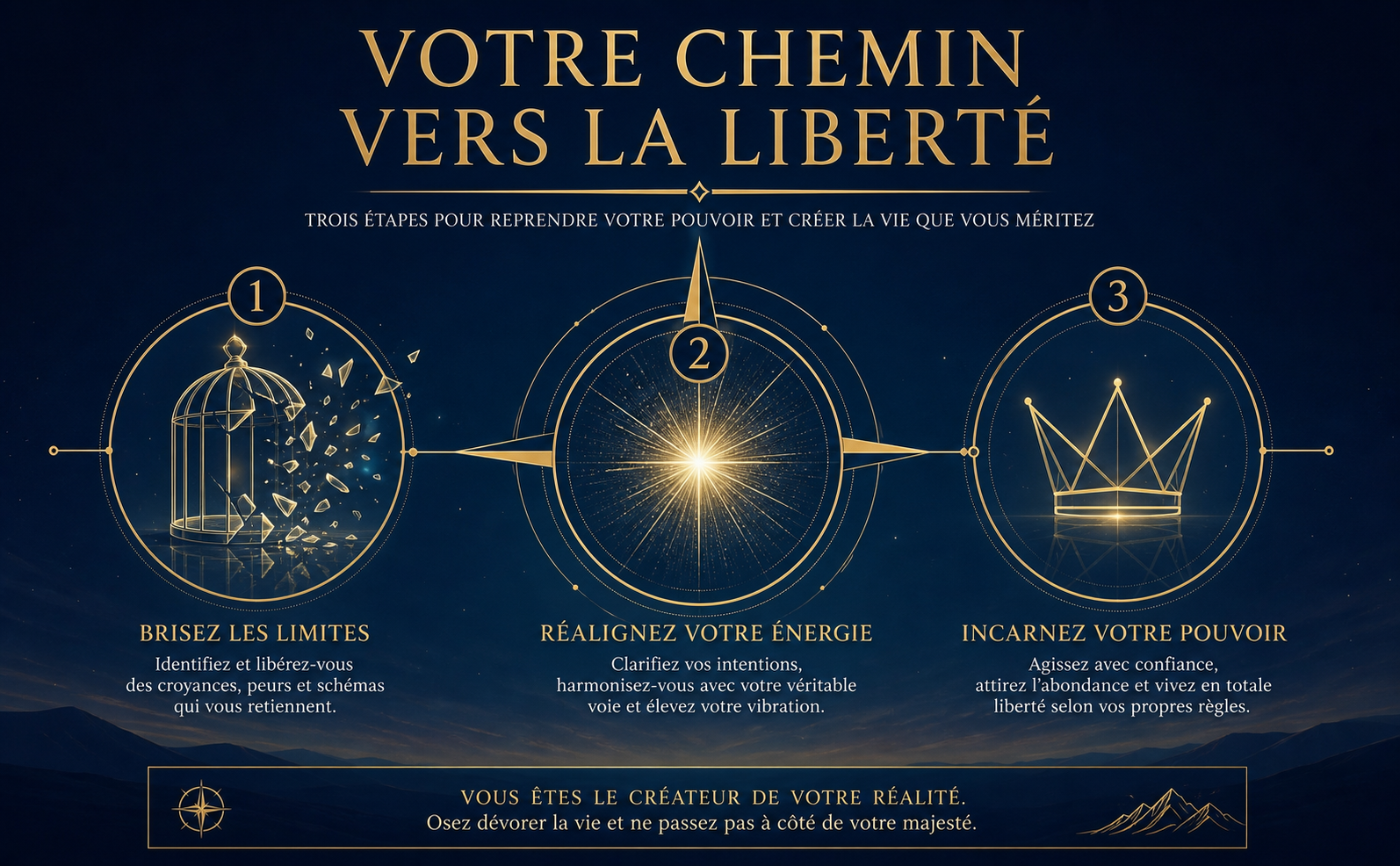 Infographie élégante sur fond bleu nuit avec des lignes dorées fines. Trois étapes visuelles reliées par une boussole géométrique dorée. Étape 1 : Une cage de verre stylisée qui se brise. Étape 2 : Une étincelle de lumière champagne clair. Étape 3 : Une couronne minimaliste en or. Texte en français, typographie majestueuse : "VOTRE CHEMIN VERS LA LIBERTÉ". Style épuré, professionnel, reflets métalliques.