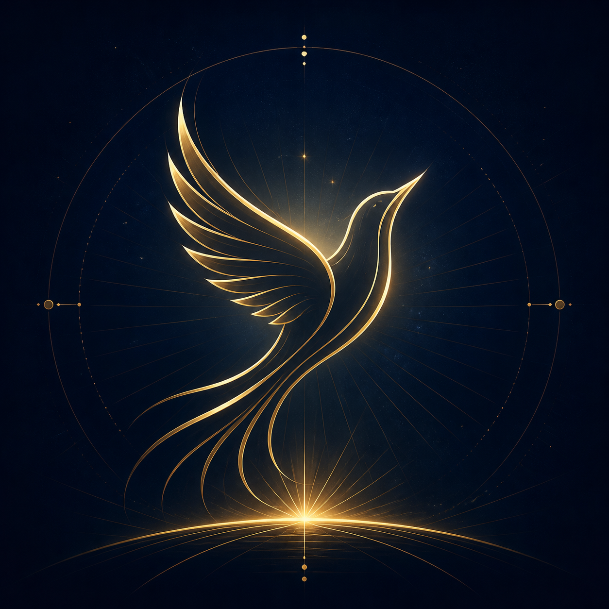 Icône minimaliste en or métallique représentant un oiseau stylisé prenant son envol. Fond dégradé bleu sombre profond. Style outline élégant, reflets subtils.