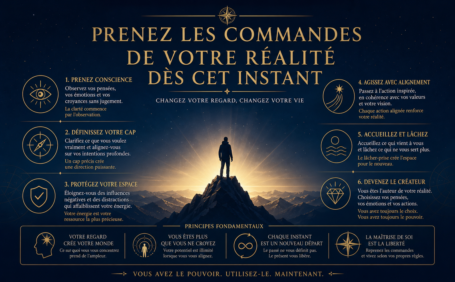 Visuel cinématique et inspirant. Une silhouette au sommet d'une montagne stylisée sous un ciel étoilé bleu nuit, regardant un horizon illuminé d'or et de champagne clair. Texte majestueux en majuscules serif dorées : "PRENEZ LES COMMANDES DE VOTRE RÉALITÉ DÈS CET INSTANT". Atmosphère de puissance intérieure tranquille, rayons de lumière subtils. Design épuré.