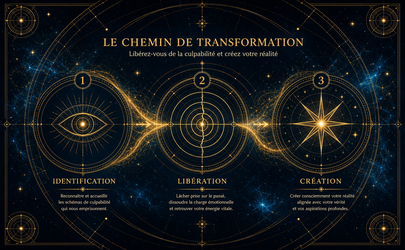 Une infographie sous forme de carte stellaire ou d'astrolabe doré montrant trois étapes de transformation. Étape 1 : "Identification" (icône d'un œil mystique). Étape 2 : "Libération" (icône de cercles concentriques brisant une ligne). Étape 3 : "Création" (icône d'une étoile éclatante). Style géométrie sacrée filaire en or antique (#C5A059) sur un fond dégradé cosmique bleu abysse (#000B18). Des traînées d'énergie relient les étapes. Typographie minimaliste et élégante. Aucun objet livre n'est visible.