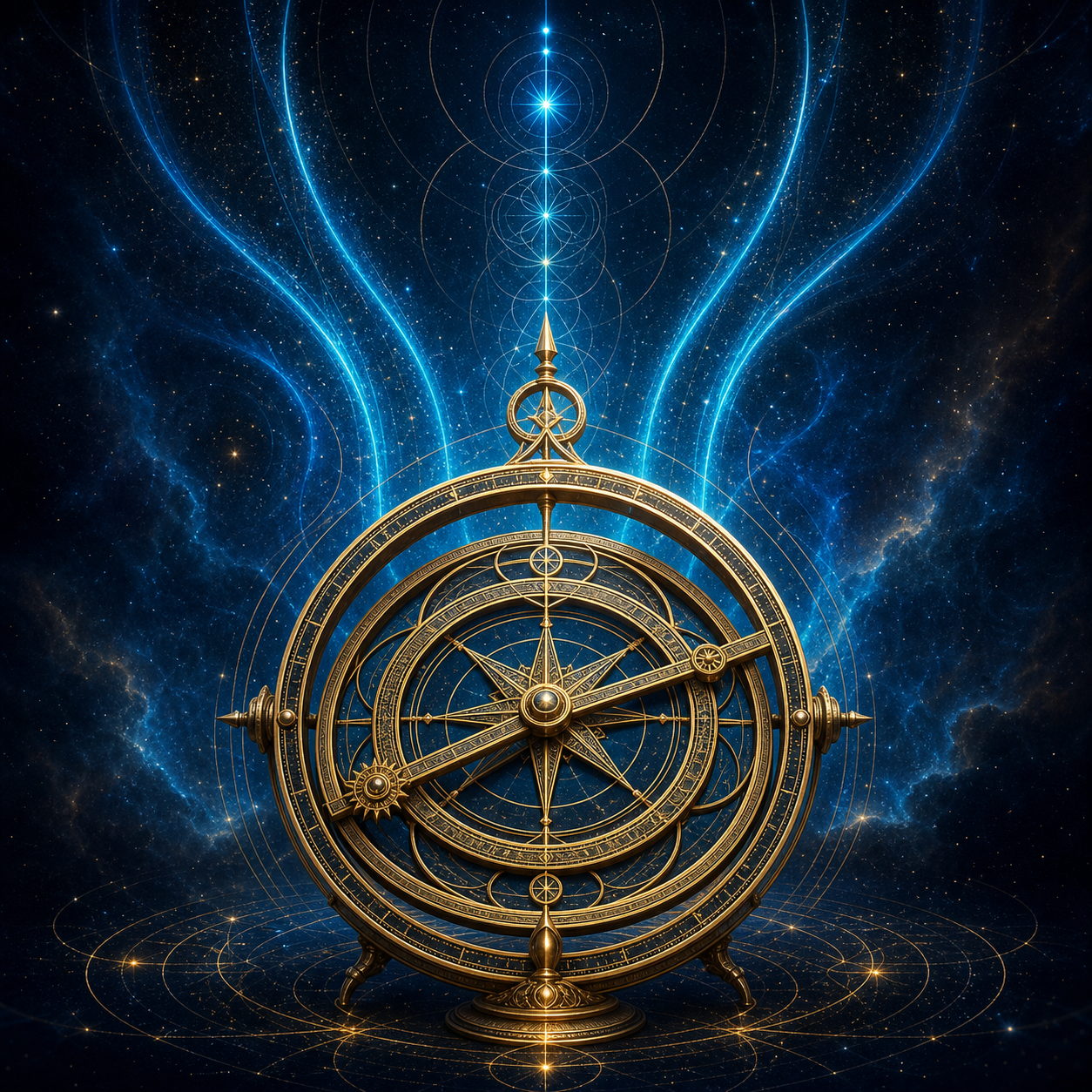 Icône d'un astrolabe stylisé émettant des ondes de lumière bleu électrique (#0077B6) vers le haut, symbolisant l'élévation de la fréquence. Fond cosmique sombre.
