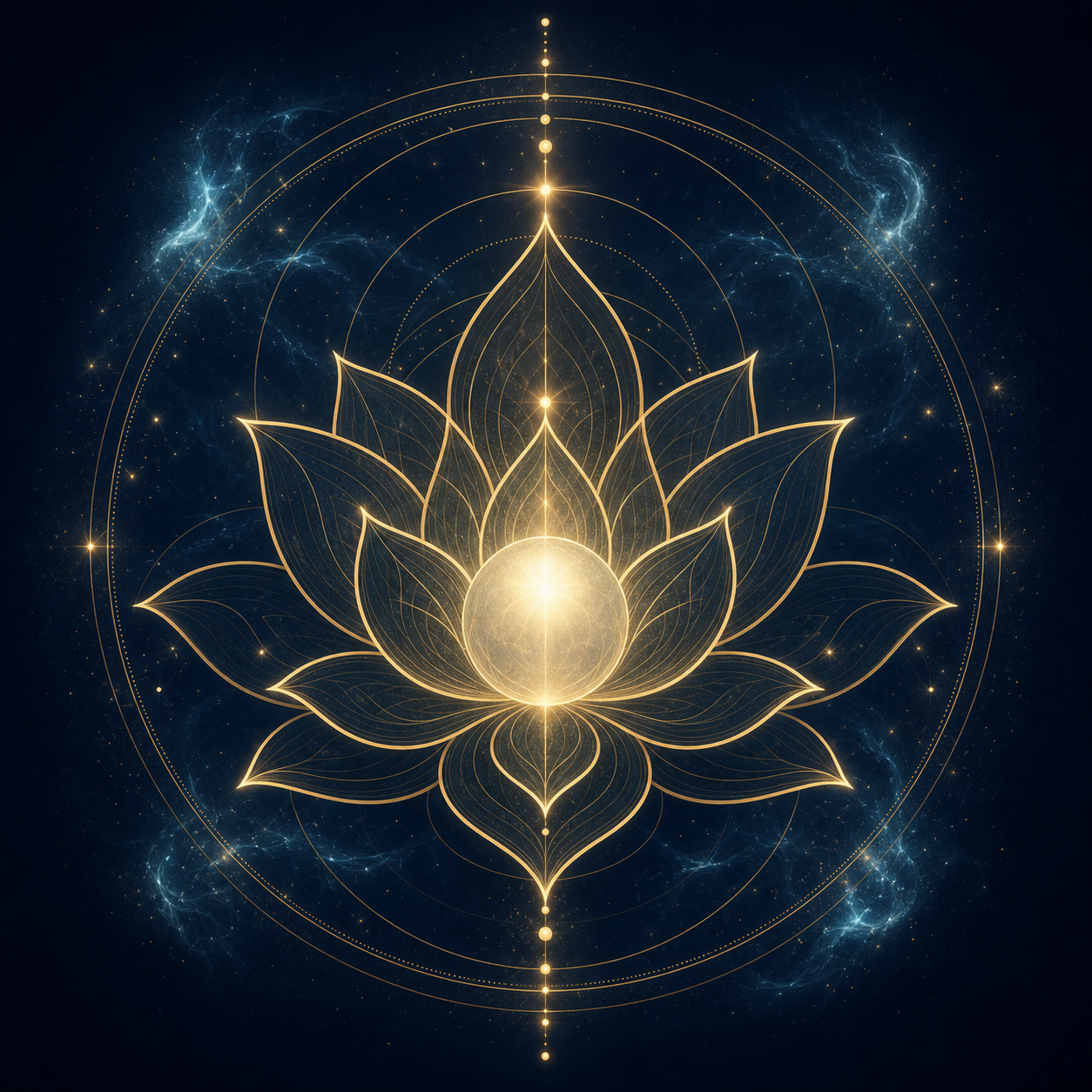 Icône d'une fleur de lotus en lignes fines et dorées (#C5A059), avec une sphère lumineuse ivoire au centre, représentant la paix de l'esprit. Fond abysse serein.