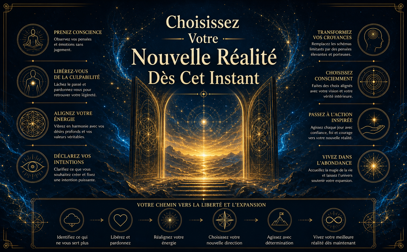 Une porte lumineuse et éthérée s'ouvrant sur un horizon radieux rempli d'étoiles et d'énergie dorée, contrastant avec un premier plan bleu nuit mystique (#000B18). Des particules lumineuses flottent dans l'air. Le texte principal au centre, en typographie serif majestueuse (couleur ivoire), proclame : "Choisissez Votre Nouvelle Réalité Dès Cet Instant". L'ambiance est inspirante, mystique et appelle à l'action. Aucun livre n'est illustré.