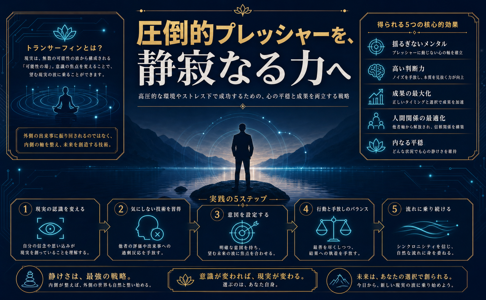 深い紺色（#0A192E）とダークインディゴを背景に、静かな水面に立つスマートなビジネスパーソンのシルエット。背景にはサイバーシアン（#00E5FF）の光るデータ回路とアンティークゴールド（#D4AF37）の等高線が交差する。上部に「圧倒的プレッシャーを、静寂なる力へ」という太字のモダンゴシック体の日本語テキスト。感情的にならず、洗練された知性と平穏を感じさせるミニマルな構図。