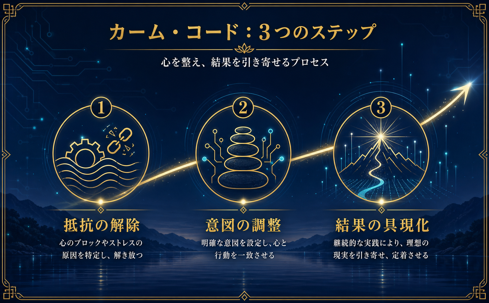 深い紺色の背景に、アンティークゴールド（#D4AF37）の細いラインで描かれた3つのステップを示すインフォグラフィック。左から右へ上昇する光の軌跡。ステップ1：波立つ水面と歯車のアイコン（日本語ラベル「抵抗の解除」）。ステップ2：積み上げられたゼンスタイルの石と回路のアイコン（日本語ラベル「意図の調整」）。ステップ3：光り輝く山の頂とデータポイント（日本語ラベル「結果の具現化」）。全体的にサイバーシアンの微かなグロー効果があり、洗練されたミニマルなデザイン。