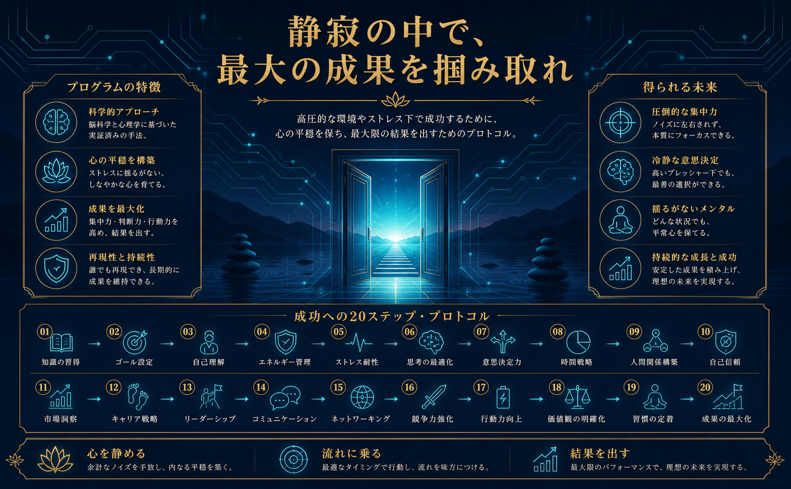 深い紺色（#0A192E）を基調とした背景に、開かれた光の扉の抽象的なイラスト。扉の向こうからはサイバーシアン（#00E5FF）の希望に満ちた光が差し込んでいる。上部にはアンティークゴールド（#D4AF37）のモダンな明朝体で「静寂の中で、最大の成果を掴み取れ」という日本語テキスト。力強く、未来への飛躍を感じさせる洗練された構図。