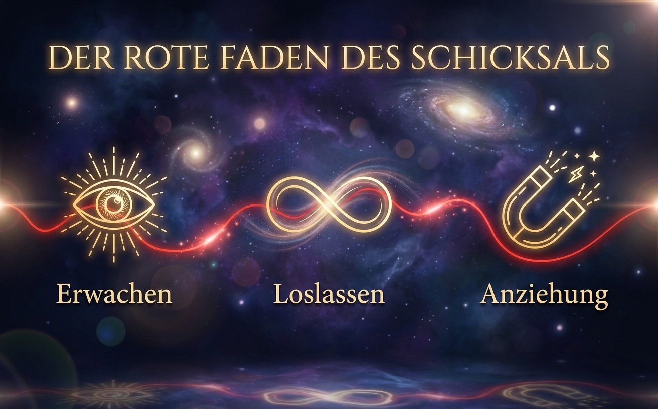 Generiere eine Infografik (970x600) im Stil von: COLOR PALETTE: #0B0E1B, #E62E2D, #D4AF37, #2E1A47. Kosmische Tiefe, sanfte Bokeh-Effekte. Das Bild zeigt einen leuchtenden roten Faden, der drei Stationen verbindet. Station 1: Ein goldenes, filigranes Linien-Icon eines erwachenden Auges (Label in Gold: "Erwachen"). Station 2: Ein goldenes Unendlichkeitssymbol (Label in Gold: "Loslassen"). Station 3: Ein strahlender Magnet (Label in Gold: "Anziehung"). Elegante Serif-Schrift, mystische und hochfrequente Atmosphäre.