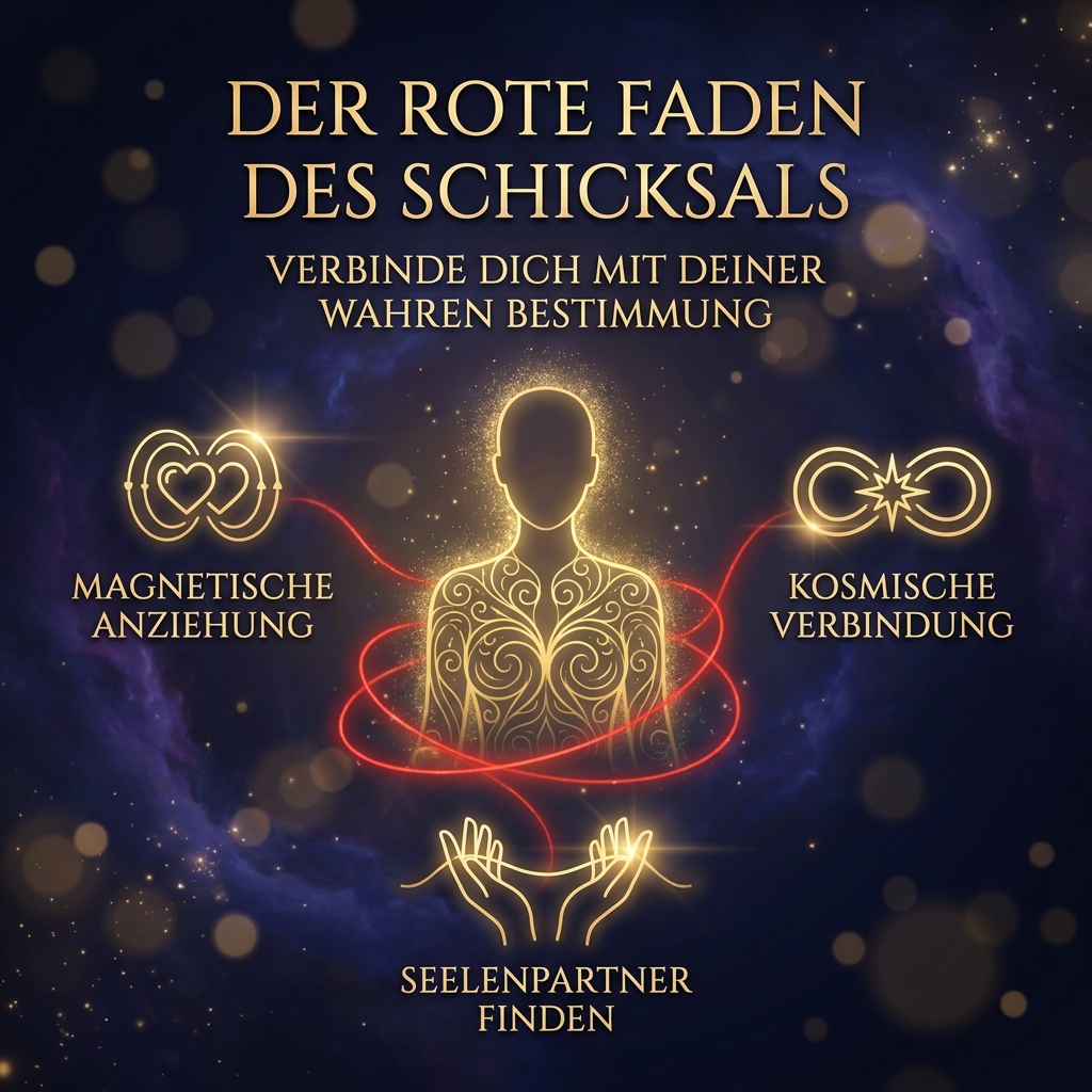 Generiere ein quadratisches Bild im Stil von: COLOR PALETTE: #0B0E1B, #D4AF37. Kosmischer Hintergrund. Ein goldenes, leuchtendes Linien-Icon einer Personensilhouette mit einer strahlenden Aura, umspielt von einem dezenten roten Faden.