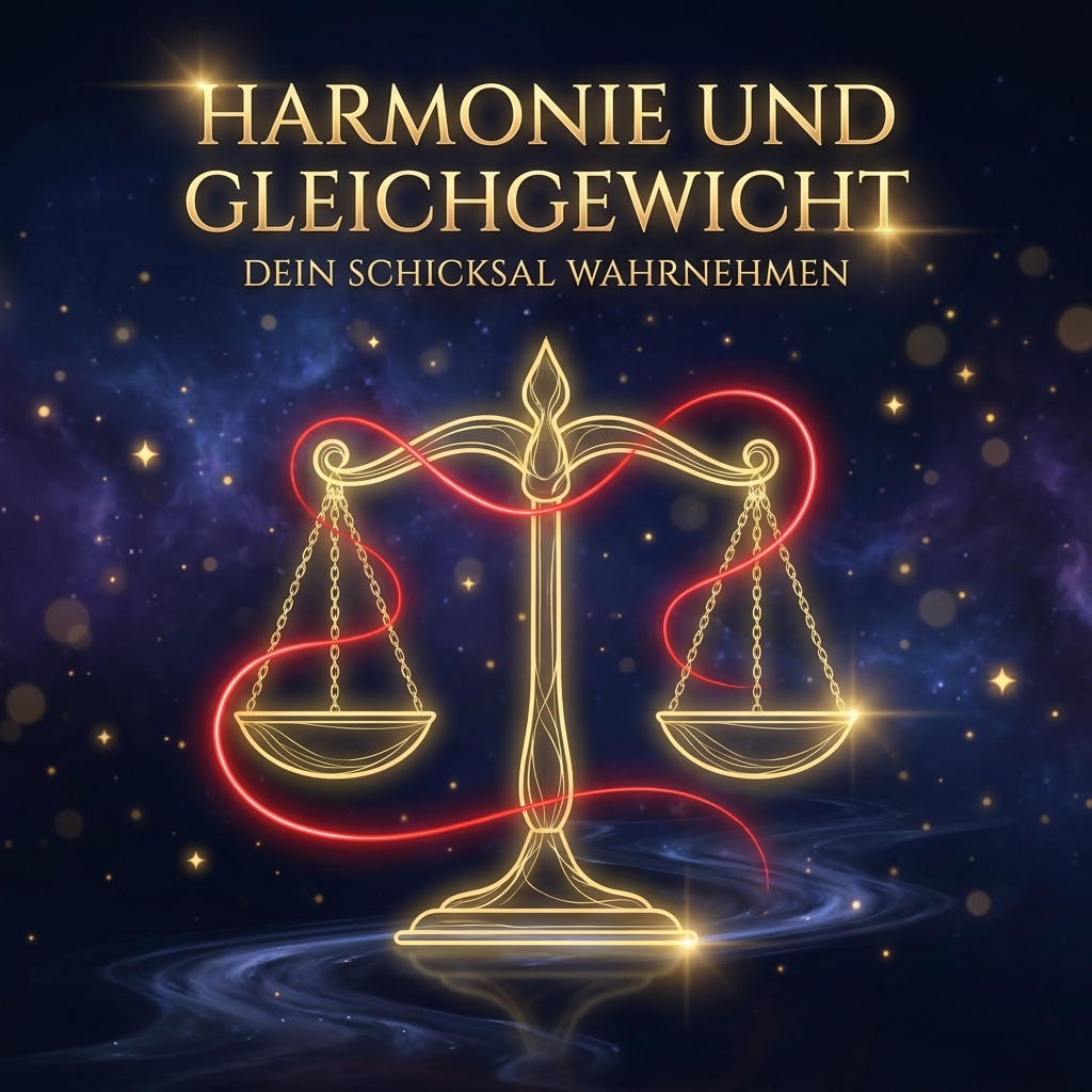 Generiere ein quadratisches Bild im Stil von: COLOR PALETTE: #0B0E1B, #E62E2D, #D4AF37. Ein goldenes, leuchtendes Linien-Icon einer Waage im perfekten Gleichgewicht, harmonisch umwickelt von einem leuchtenden roten Faden.