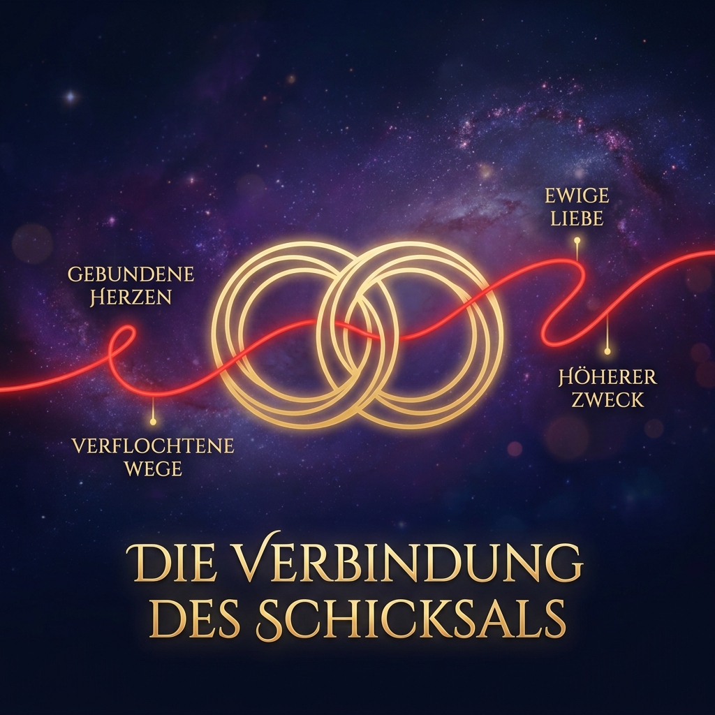 Generiere ein quadratisches Bild im Stil von: COLOR PALETTE: #0B0E1B, #E62E2D, #D4AF37. Ein goldenes, leuchtendes Linien-Icon zweier ineinandergreifender Ringe, verbunden durch den leuchtenden roten Faden des Schicksals.