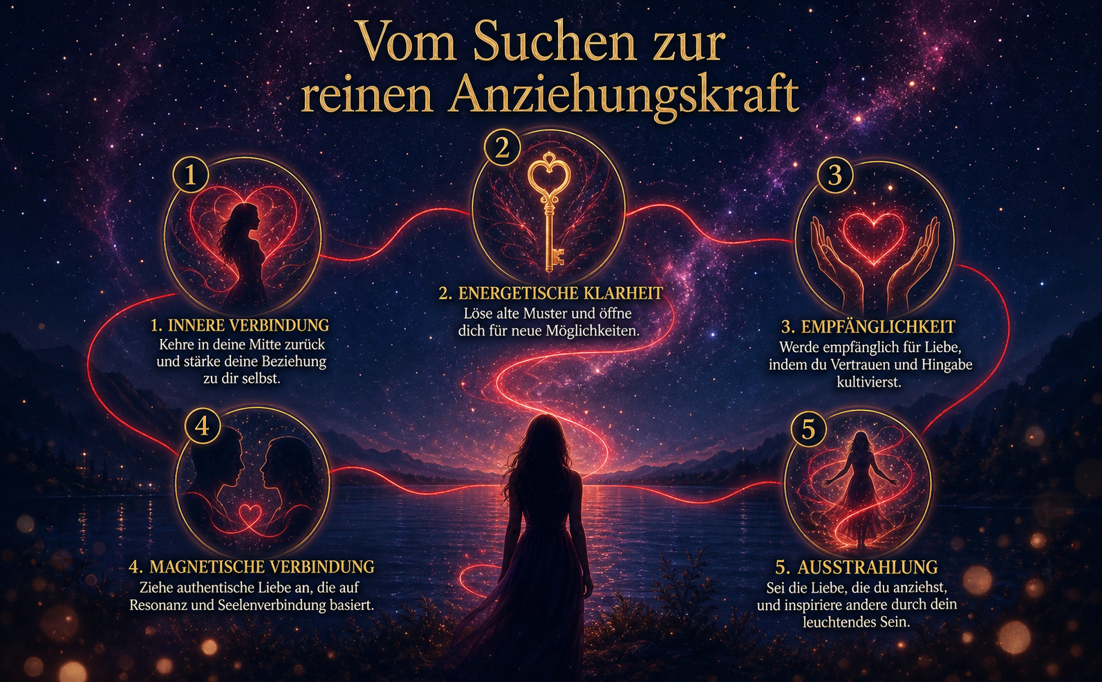 Eine weite, atmosphärische Szene bei Nacht. Im Hintergrund ein kosmischer Nebel in tiefem Marineblau (#0B1026) und kosmischem Violett (#4A1E5E). Im Vordergrund die Silhouette einer Person, die ruhig an einem stillen See steht. Ein leuchtend roter Faden (#EF233C) windet sich elegant aus dem Sternenhimmel herab und umkreist die Person sanft. Goldene, elegante Serifenschrift-Typografie im Himmel: "Vom Suchen zur reinen Anziehungskraft". Magische, spirituelle Stimmung, Bokeh-Effekte, weiches Licht. Kein Buch.