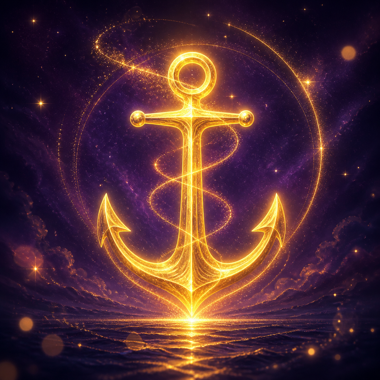 Ein leuchtendes, dreidimensionales Anker-Icon aus goldenem Licht (#D4AF37) vor einem tiefvioletten kosmischen Hintergrund (#4A1E5E), umgeben von sanftem Sternenstaub. Ätherischer Stil. Kein Buch.