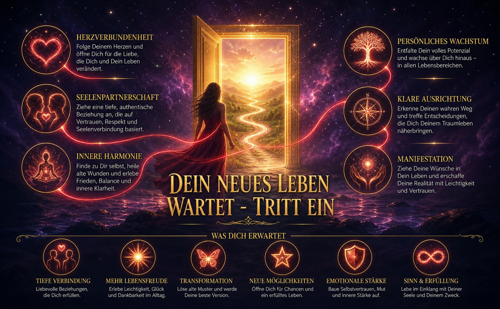 Eine atemberaubende, mystische Szene. Eine offene, leuchtende Tür aus goldenem Licht (#D4AF37) steht inmitten einer dunklen, violetten Sternenlandschaft (#4A1E5E). Ein leuchtend roter Faden (#EF233C) führt direkt durch den Türrahmen in eine strahlende, harmonische Zukunft. Elegante, goldene Serifenschrift im Zentrum: "Dein neues Leben wartet - Tritt ein". Magische Beleuchtung, weiche Kanten, tiefe Atmosphäre. Kein Buch.