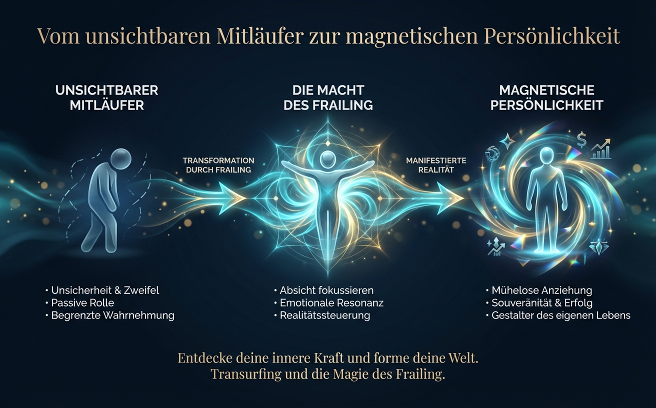 Ein elegantes, filmisches Banner-Bild (970x600). Ein Mensch steht souverän und ruhig in der Mitte, umgeben von sanften, goldenen und cyanblauen Energiewirbeln, die eine magnetische Aura symbolisieren. Text-Overlay in eleganter Serifenschrift (Weiß/Gold): "Vom unsichtbaren Mitläufer zur magnetischen Persönlichkeit". Visual Style Guide Compliance: Color Palette: Deep midnight blue (#0B1622), electric cyan glows, champagne gold accents. Lighting: Cinematic lighting with ethereal light trails and glowing energy swirls. Atmosphere: Sophisticated, mystical, professional, and empowering. Elements: Translucent geometric glass shapes, prism reflections, subtle golden bokeh particles. Background: Dark atmospheric gradient with depth and soft smoke textures. Style: High-end photography mixed with digital light-art. No flat colors, no cartoons, no bright backgrounds. High contrast, sharp focus on central subjects.