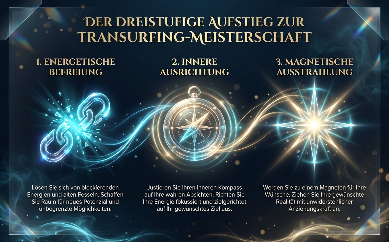 Eine hochwertige Infografik (970x600), die einen dreistufigen Aufstieg zeigt. Stufe 1: "Energetische Befreiung" (Icon: zerbrechende Fesseln). Stufe 2: "Innere Ausrichtung" (Icon: leuchtender Kompass). Stufe 3: "Magnetische Ausstrahlung" (Icon: strahlender Stern). Die Icons sind im Glassmorphismus-Stil gehalten. Visual Style Guide Compliance: Color Palette: Deep midnight blue (#0B1622), electric cyan glows, champagne gold accents. Lighting: Cinematic lighting with ethereal light trails and glowing energy swirls. Atmosphere: Sophisticated, mystical, professional, and empowering. Elements: Translucent geometric glass shapes, prism reflections, subtle golden bokeh particles. Background: Dark atmospheric gradient with depth and soft smoke textures. Style: High-end photography mixed with digital light-art. No flat colors, no cartoons, no bright backgrounds. High contrast, sharp focus on central subjects.