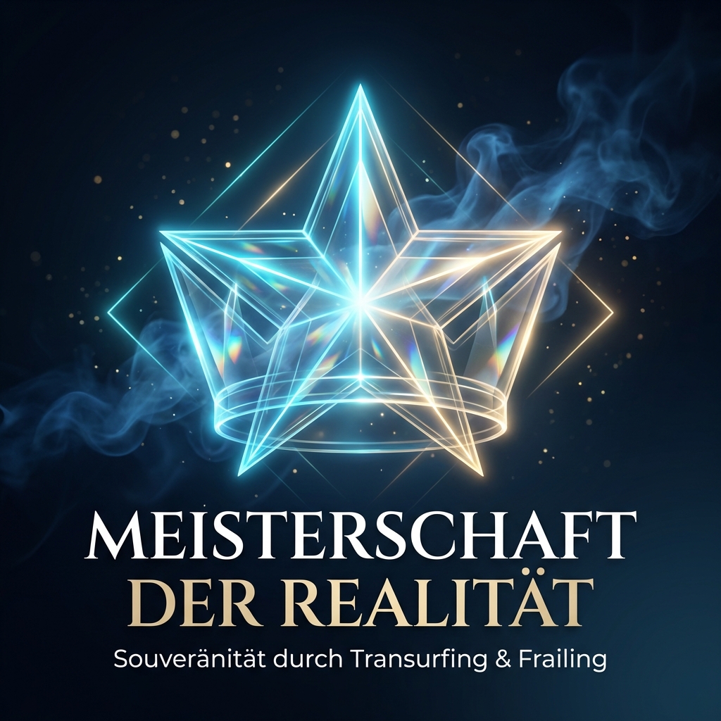 Ein leuchtendes, dreidimensionales Kronen- oder Leitstern-Icon im Glassmorphism-Stil. Visual Style Guide Compliance: Color Palette: Deep midnight blue (#0B1622), electric cyan glows, champagne gold accents. Lighting: Cinematic lighting with ethereal light trails and glowing energy swirls. Atmosphere: Sophisticated, mystical, professional, and empowering. Elements: Translucent geometric glass shapes, prism reflections, subtle golden bokeh particles. Background: Dark atmospheric gradient with depth and soft smoke textures. Style: High-end photography mixed with digital light-art. No flat colors, no cartoons, no bright backgrounds. High contrast, sharp focus on central subjects.