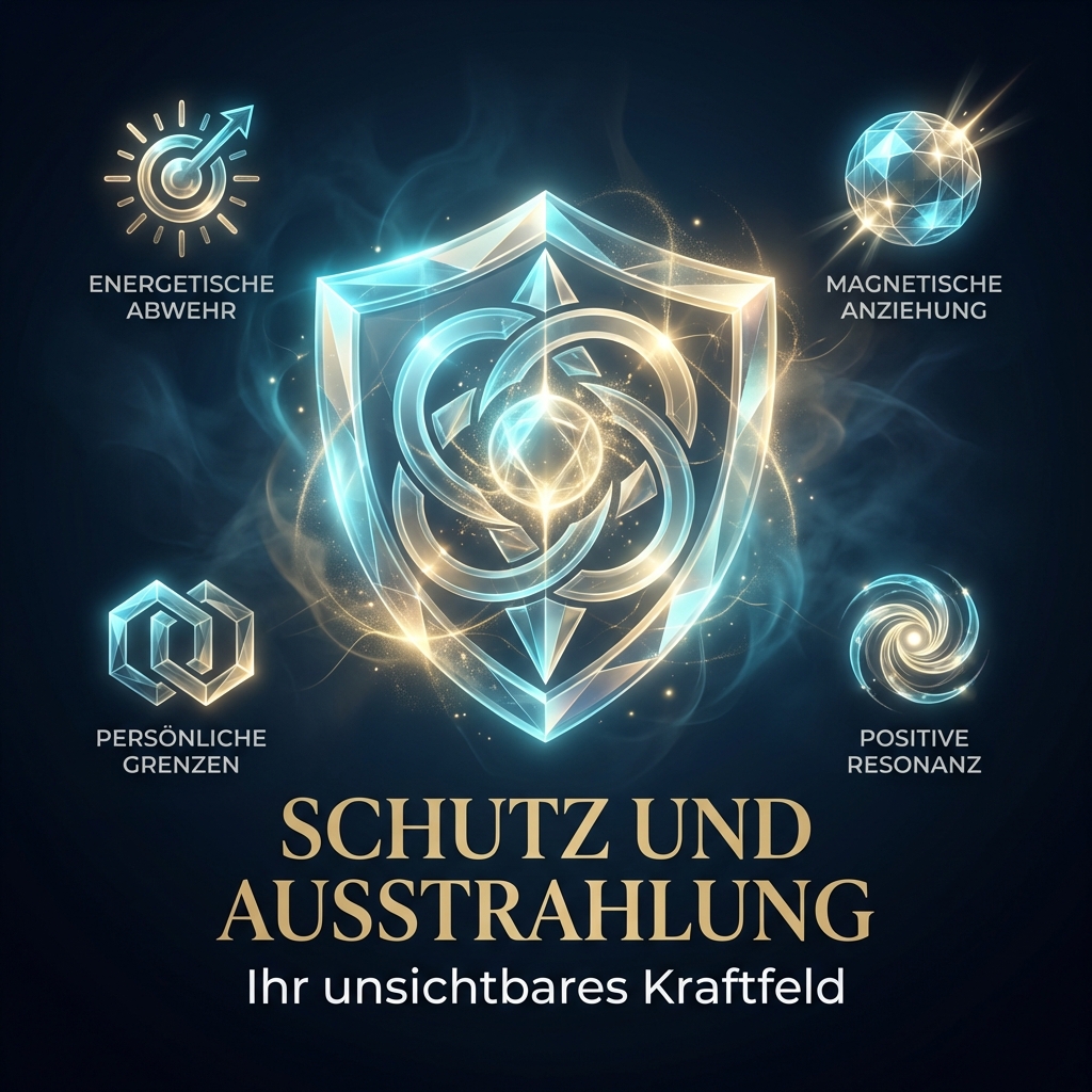 Ein leuchtendes Schild- oder Aura-Icon aus durchscheinendem, geometrischem Glas. Visual Style Guide Compliance: Color Palette: Deep midnight blue (#0B1622), electric cyan glows, champagne gold accents. Lighting: Cinematic lighting with ethereal light trails and glowing energy swirls. Atmosphere: Sophisticated, mystical, professional, and empowering. Elements: Translucent geometric glass shapes, prism reflections, subtle golden bokeh particles. Background: Dark atmospheric gradient with depth and soft smoke textures. Style: High-end photography mixed with digital light-art. No flat colors, no cartoons, no bright backgrounds. High contrast, sharp focus on central subjects.
