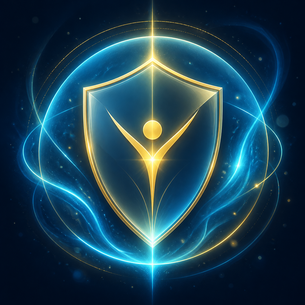 Minimalistisches Icon einer leuchtenden Aura oder eines Schildes in mattem Gold (#D4AF37) und elektrischem Cyan (#4CC9F0) auf tiefblauem Hintergrund (#0B1622). Frosted-Glass-Effekt. Symbolisiert Schutz und natürliche Autorität. Keine Bücher.