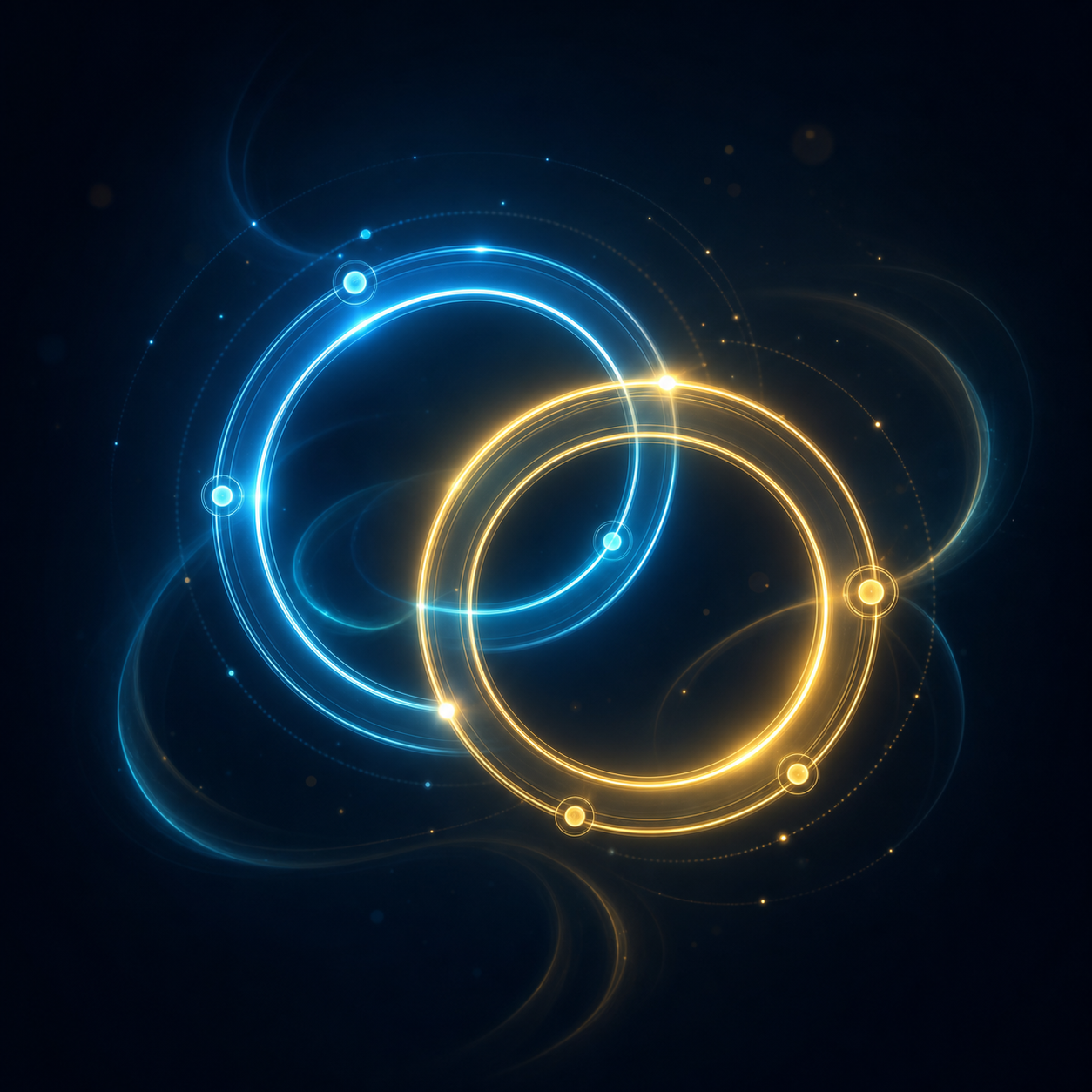 Minimalistisches Icon von zwei ineinandergreifenden, leuchtenden Ringen oder Netzwerkknoten. Feine cyanfarbene (#4CC9F0) und goldene (#D4AF37) Linien auf dunkelblauem Hintergrund (#0B1622). Steht für tiefe, mühelose Verbindungen. Keine Bücher.