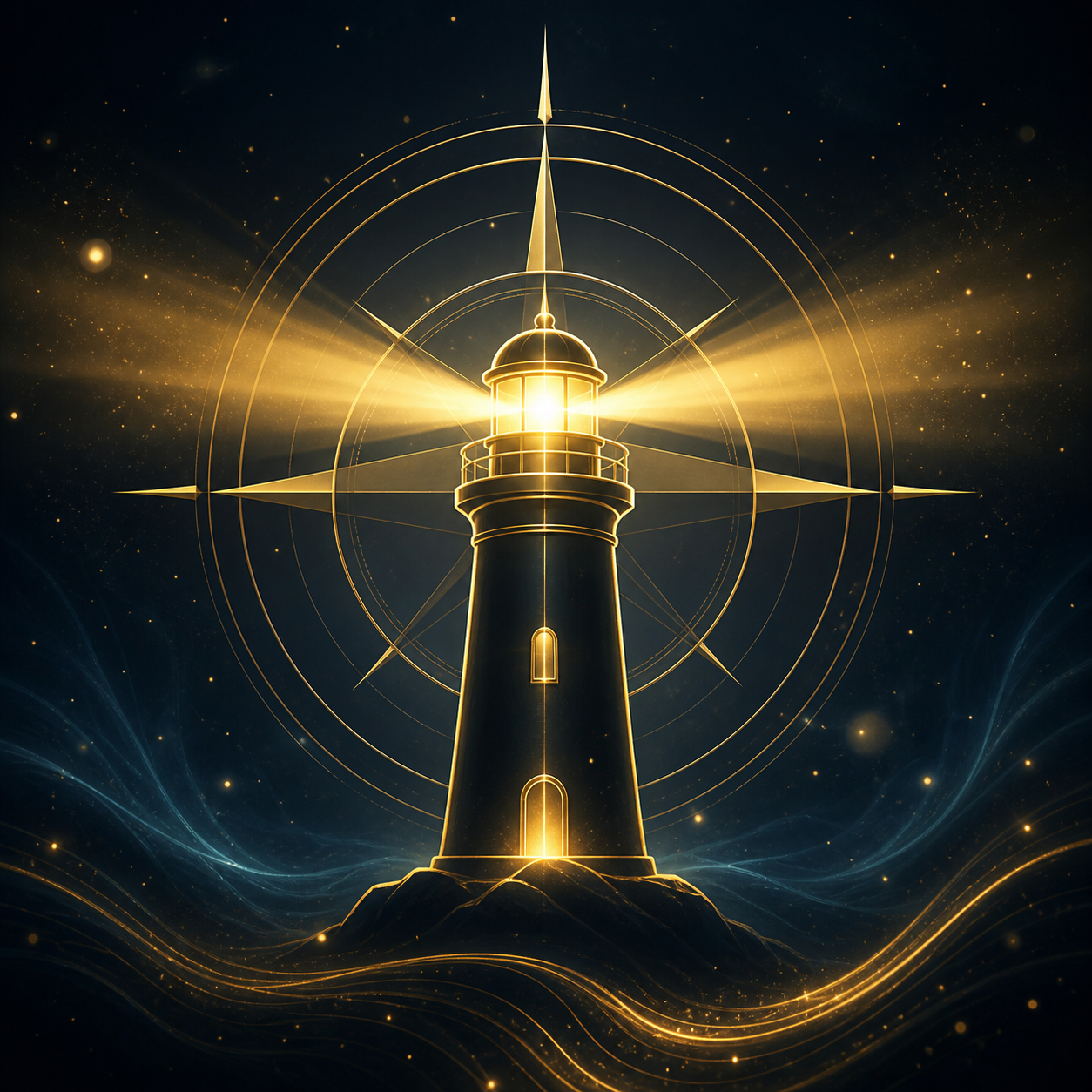 Minimalistisches Icon eines leuchtenden Leuchtturms oder Kompasses, der sanfte Lichtstrahlen in Gold (#D4AF37) aussendet. Dunkler Anthrazit-Hintergrund (#1A2A3A) mit Sternenstaub-Partikeln. Symbolisiert stille, souveräne Führung. Keine Bücher.