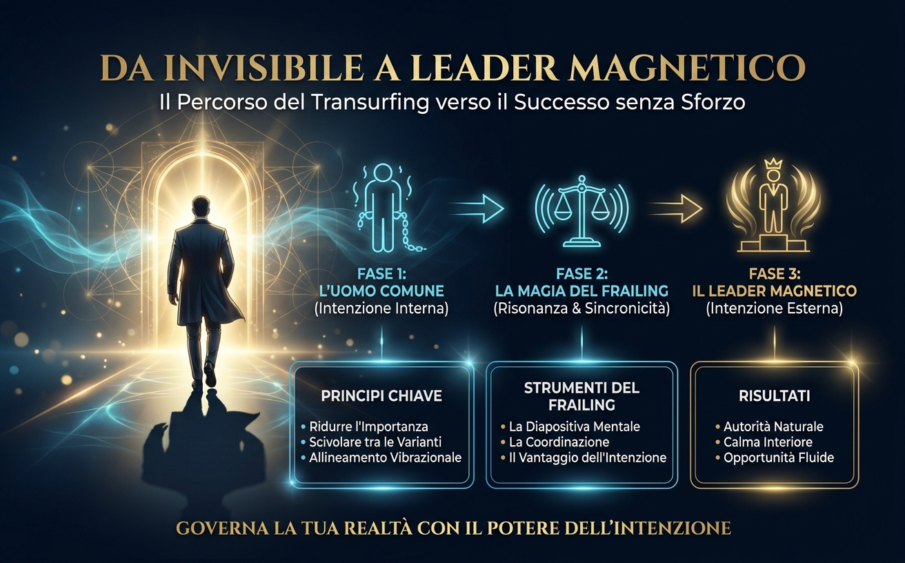 Immagine panoramica 970x600. Un uomo d'affari elegante, ripreso di spalle, cammina con sicurezza verso una porta di luce dorata, proiettando un'ombra potente e definita. Testo in sovraimpressione in italiano: "Da Invisibile a Leader Magnetico". Visual Style Guide: [Theme: Modern Corporate Esotericism] Color Palette: Deep Midnight Blue (#050A12), Electric Cyan (#0077B6), Champagne Gold (#C5A059), Pure White. Lighting: Low-key lighting with high-contrast glowing elements, mystical energy wisps in blue and gold. Background: Dark, atmospheric gradients with subtle sacred geometry patterns and bokeh light particles. Subject Style: Professional, authoritative, and magnetic. Decorative Elements: Thin golden geometric lines, ethereal light trails, sophisticated lens flares. Aesthetic: Cinematic, premium, high-end book publishing style. Avoid: Bright backgrounds, flat icons, casual clothing, warm colors like red/orange, cluttered compositions.