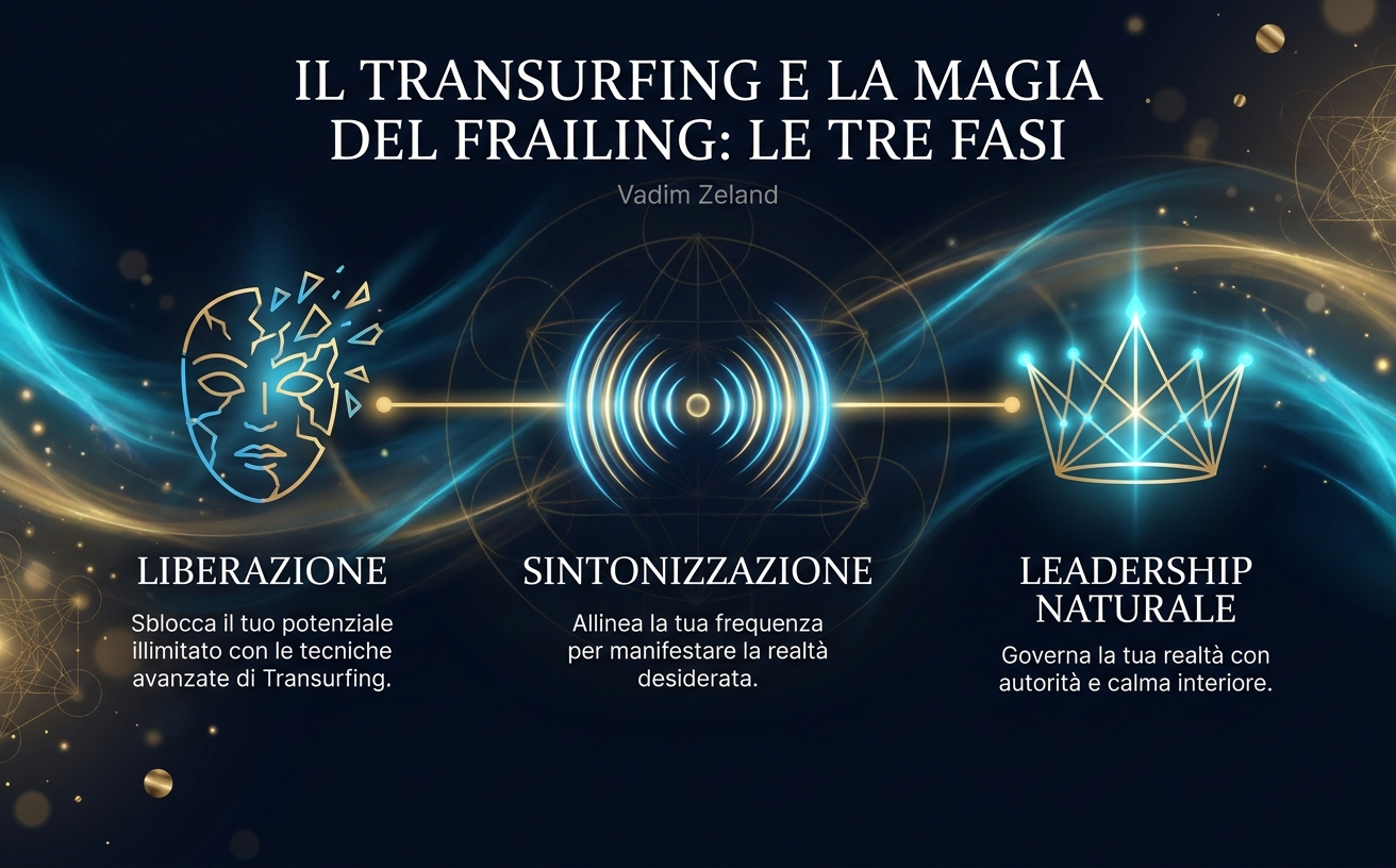 Infografica orizzontale 970x600. Tre fasi collegate da una linea dorata luminosa. Fase 1: Icona di una maschera che si infrange (Testo: "Liberazione"). Fase 2: Icona di onde energetiche concentriche (Testo: "Sintonizzazione"). Fase 3: Icona di una corona geometrica minimalista (Testo: "Leadership Naturale"). Visual Style Guide: [Theme: Modern Corporate Esotericism] Color Palette: Deep Midnight Blue (#050A12), Electric Cyan (#0077B6), Champagne Gold (#C5A059), Pure White. Lighting: Low-key lighting with high-contrast glowing elements, mystical energy wisps in blue and gold. Background: Dark, atmospheric gradients with subtle sacred geometry patterns and bokeh light particles. Subject Style: Professional, authoritative, and magnetic. Decorative Elements: Thin golden geometric lines, ethereal light trails, sophisticated lens flares. Aesthetic: Cinematic, premium, high-end book publishing style. Avoid: Bright backgrounds, flat icons, casual clothing, warm colors like red/orange, cluttered compositions.