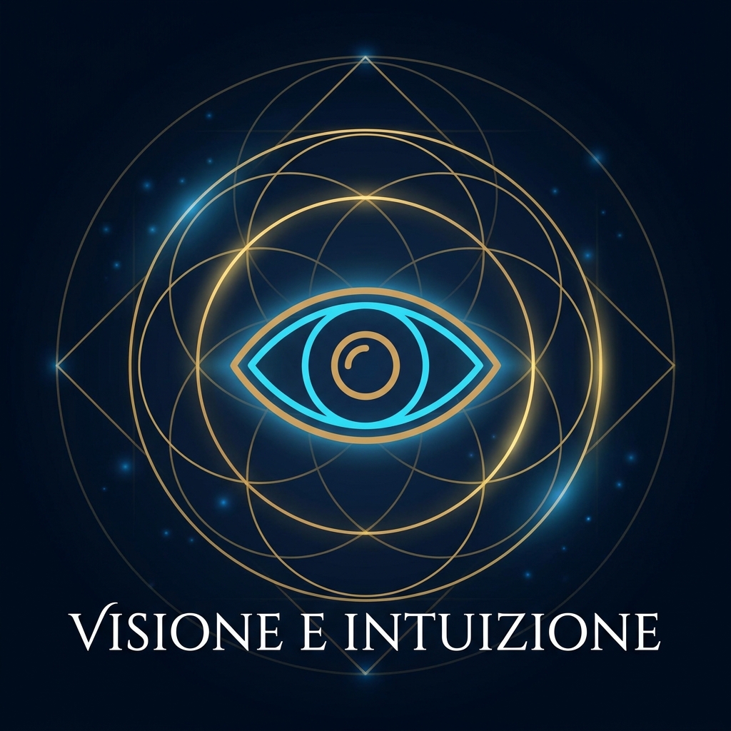 Icona minimalista di un occhio stilizzato circondato da geometria sacra dorata. Visual Style Guide: [Theme: Modern Corporate Esotericism] Color Palette: Deep Midnight Blue (#050A12), Electric Cyan (#0077B6), Champagne Gold (#C5A059), Pure White. Background: Dark, atmospheric gradients. Aesthetic: Cinematic, premium.