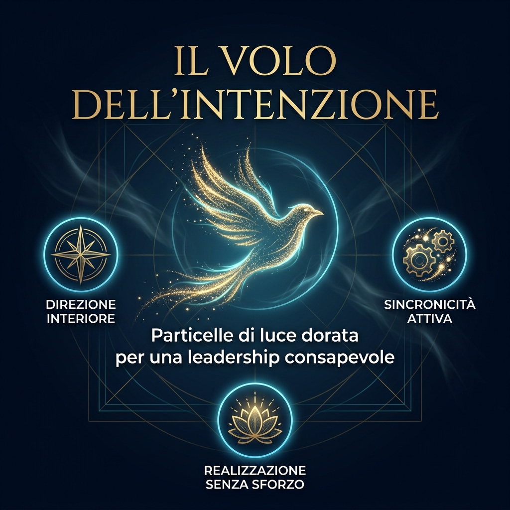 Icona di un uccello in volo formato interamente da particelle di luce dorata su sfondo blu notte. Visual Style Guide: [Theme: Modern Corporate Esotericism] Color Palette: Deep Midnight Blue (#050A12), Electric Cyan (#0077B6), Champagne Gold (#C5A059), Pure White. Background: Dark, atmospheric gradients. Aesthetic: Cinematic, premium.