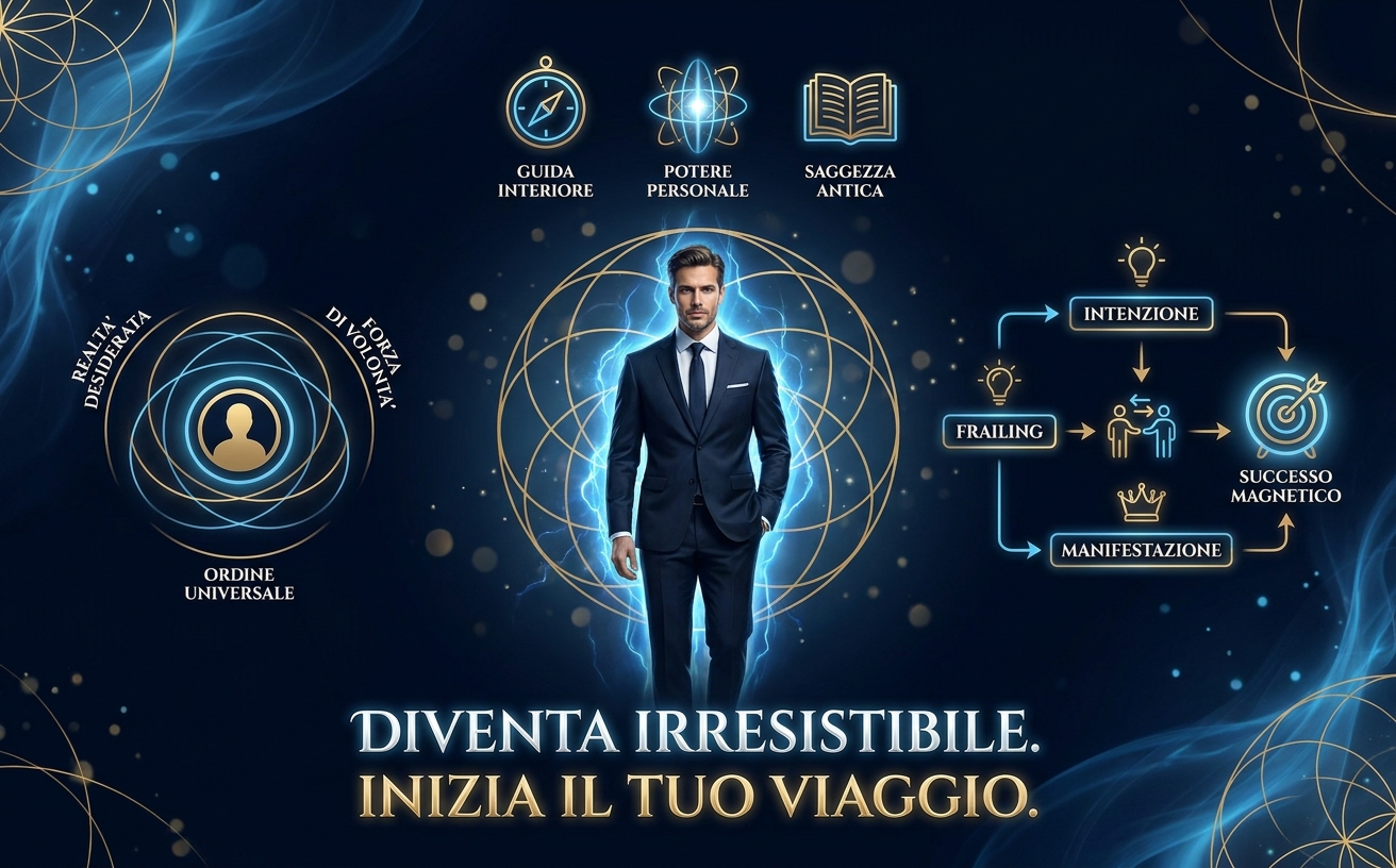 Immagine panoramica 970x600. Un uomo d'affari elegante, in piedi al centro di una stanza scura, circondato da un'aura di luce blu ed anelli dorati di geometria sacra che fluttuano intorno a lui. Testo in sovraimpressione in italiano: "Diventa Irresistibile. Inizia il Tuo Viaggio.". Visual Style Guide: [Theme: Modern Corporate Esotericism] Color Palette: Deep Midnight Blue (#050A12), Electric Cyan (#0077B6), Champagne Gold (#C5A059), Pure White. Lighting: Low-key lighting with high-contrast glowing elements, mystical energy wisps in blue and gold. Background: Dark, atmospheric gradients with subtle sacred geometry patterns and bokeh light particles. Subject Style: Professional, authoritative, and magnetic. Decorative Elements: Thin golden geometric lines, ethereal light trails, sophisticated lens flares. Aesthetic: Cinematic, premium, high-end book publishing style. Avoid: Bright backgrounds, flat icons, casual clothing, warm colors like red/orange, cluttered compositions.