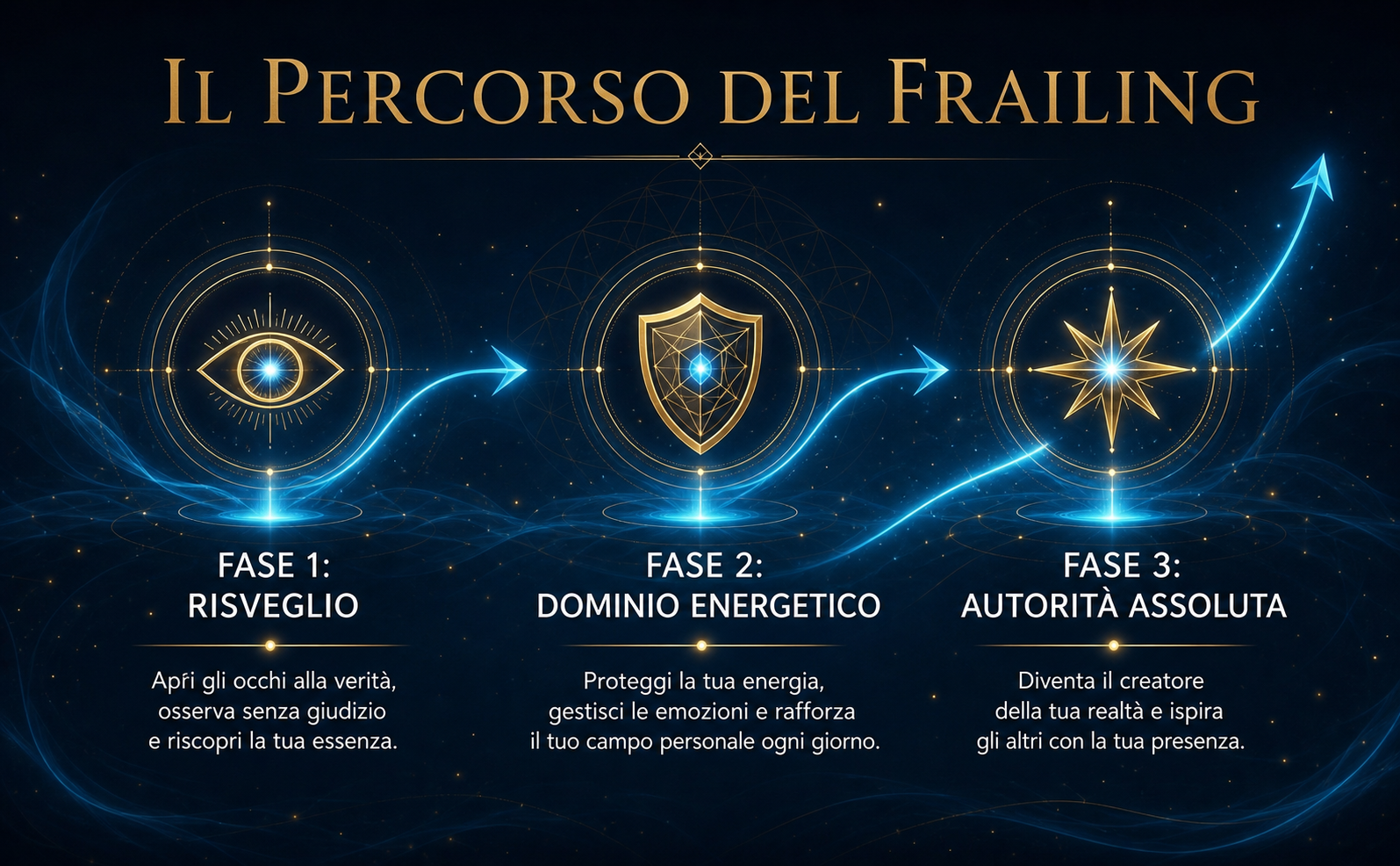 Infografica elegante su sfondo blu navy scuro (#1E2A38) con un percorso ascendente luminoso in ciano elettrico (#4CC9F0). Tre icone 3D minimaliste con finiture in oro antico (#C5A059): un occhio astratto (Consapevolezza), uno scudo geometrico (Protezione), e una stella radiosa (Magnetismo). Sottili particelle sospese e riflessi di luce fredda. Etichette in italiano in font Sans-serif bianco perla (#F8F9FA): "Fase 1: Risveglio", "Fase 2: Dominio Energetico", "Fase 3: Autorità Assoluta". Titolo in alto (Serif oro): "Il Percorso del Frailing". Nessun elemento a forma di libro.